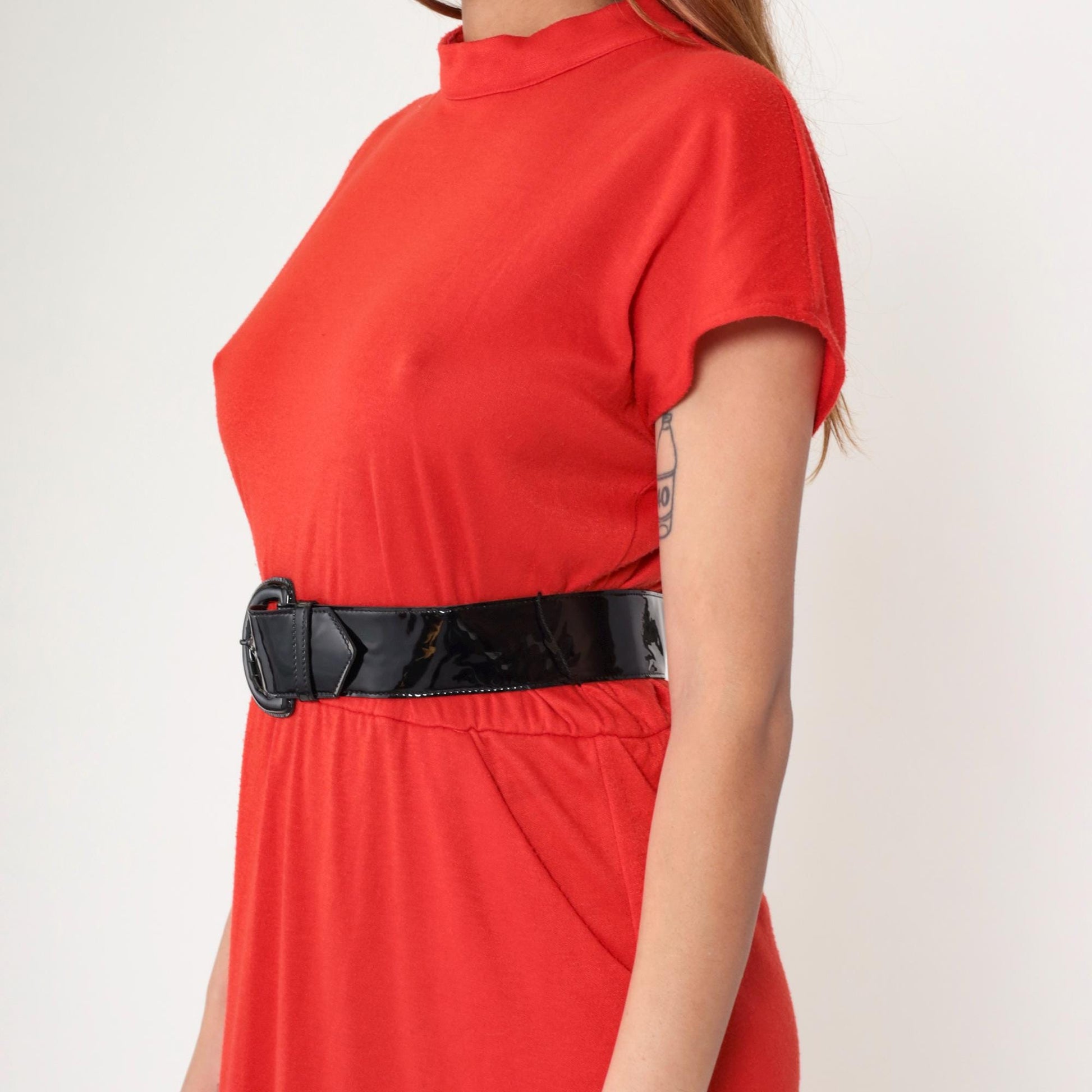 80s Red Pencil Dress with Black Patent Belt Mock Neck Medium M