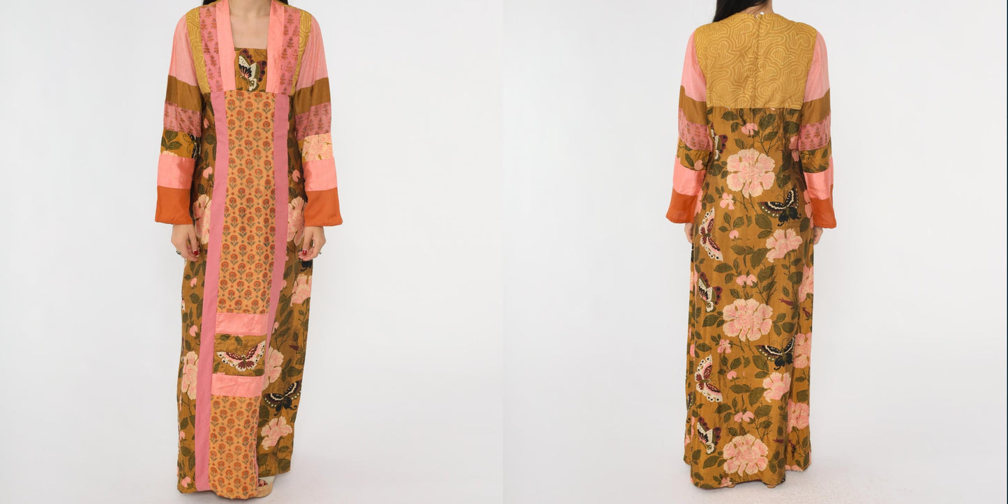70s Patchwork Maxi Dress Butterfly Floral Pink Brown Silk Blend Small