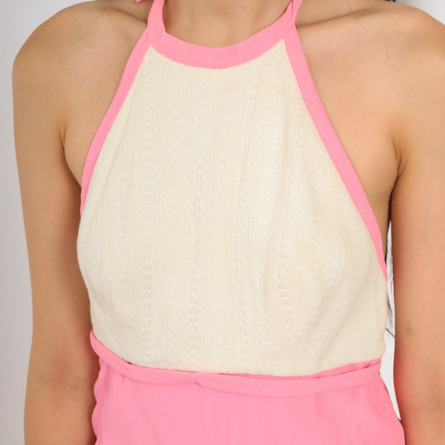 70s Lanz Original Pink Halter Maxi Dress Pointelle Knit Open Back Extra Small