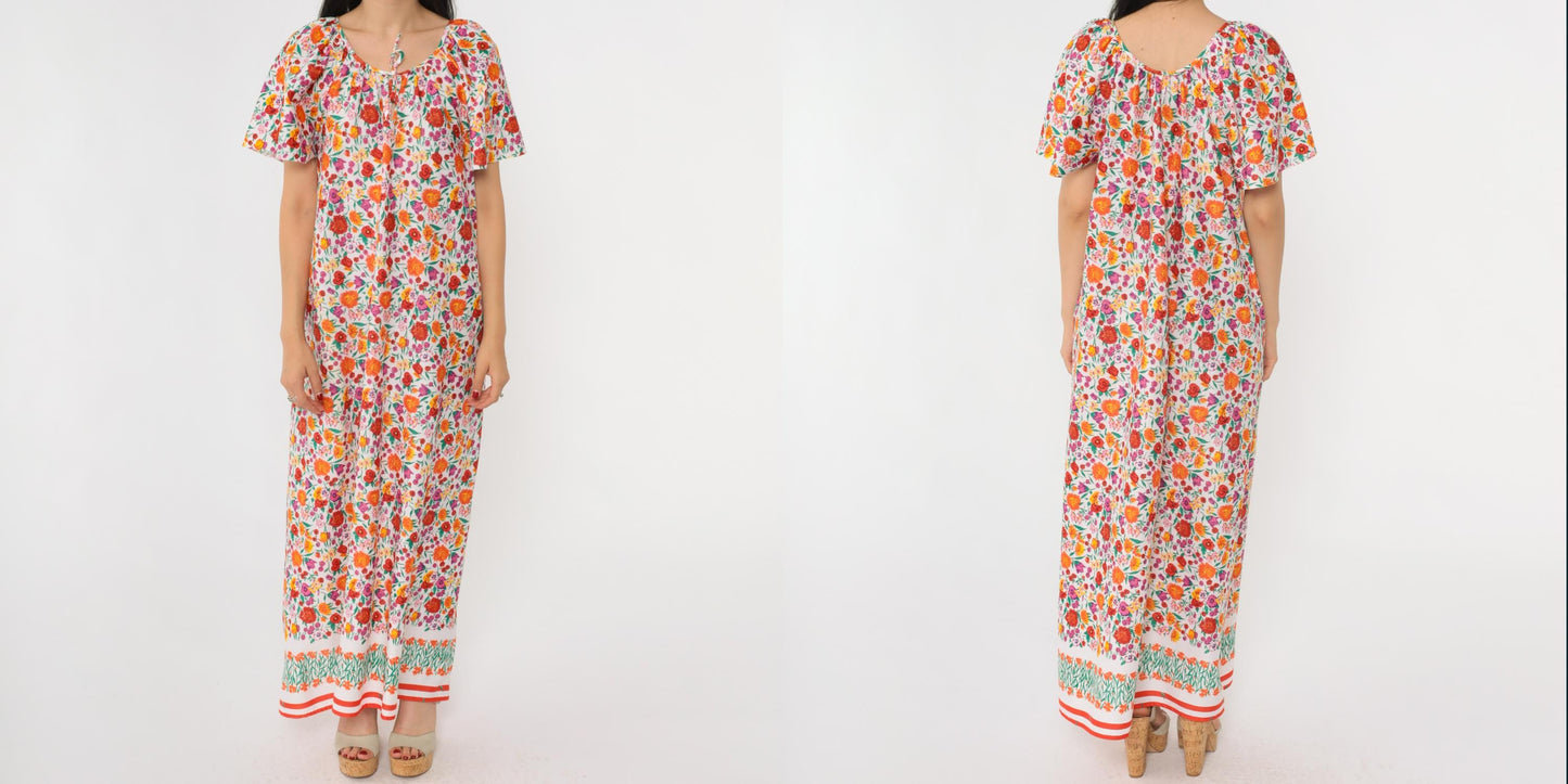 70s Floral Caftan Maxi Dress White Multicolor Print Flutter Sleeve Medium M