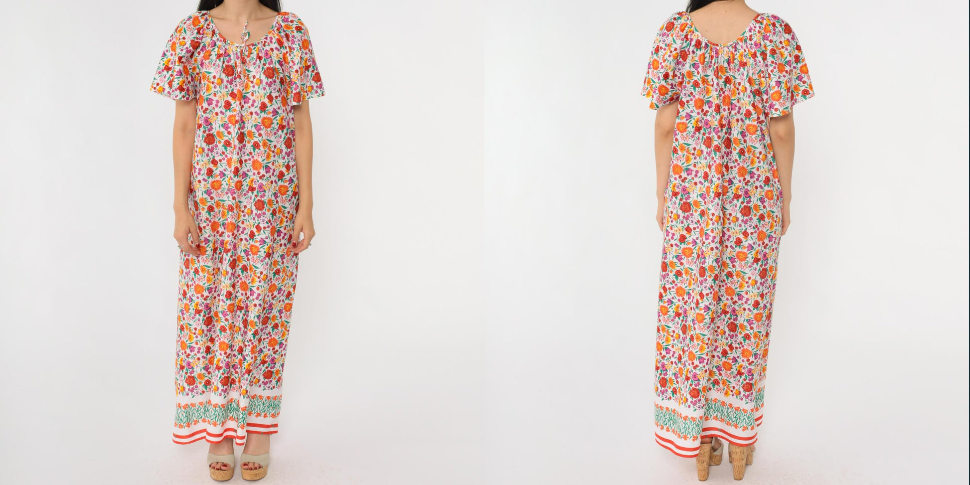 70s Floral Caftan Maxi Dress White Multicolor Print Flutter Sleeve Medium M