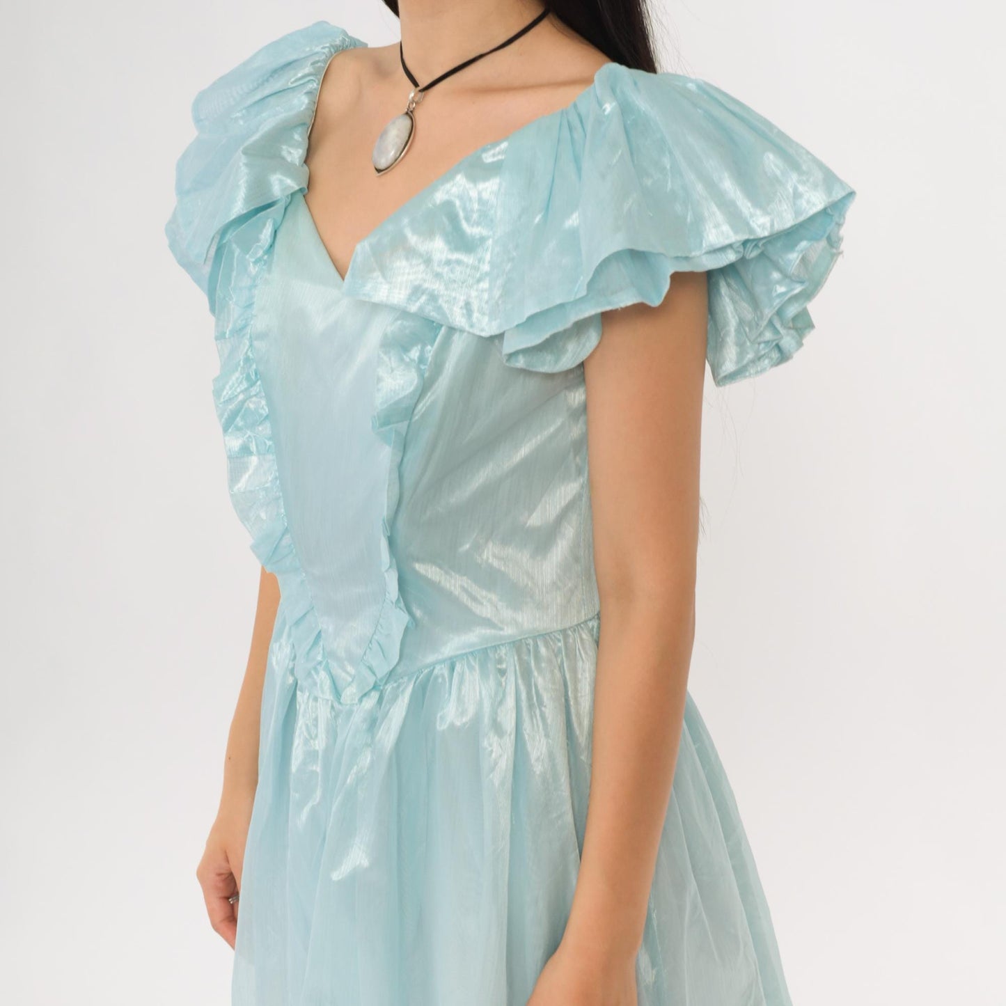 80s Blue Organza Midi Gown Sweetheart Neckline Flutter Sleeve Small