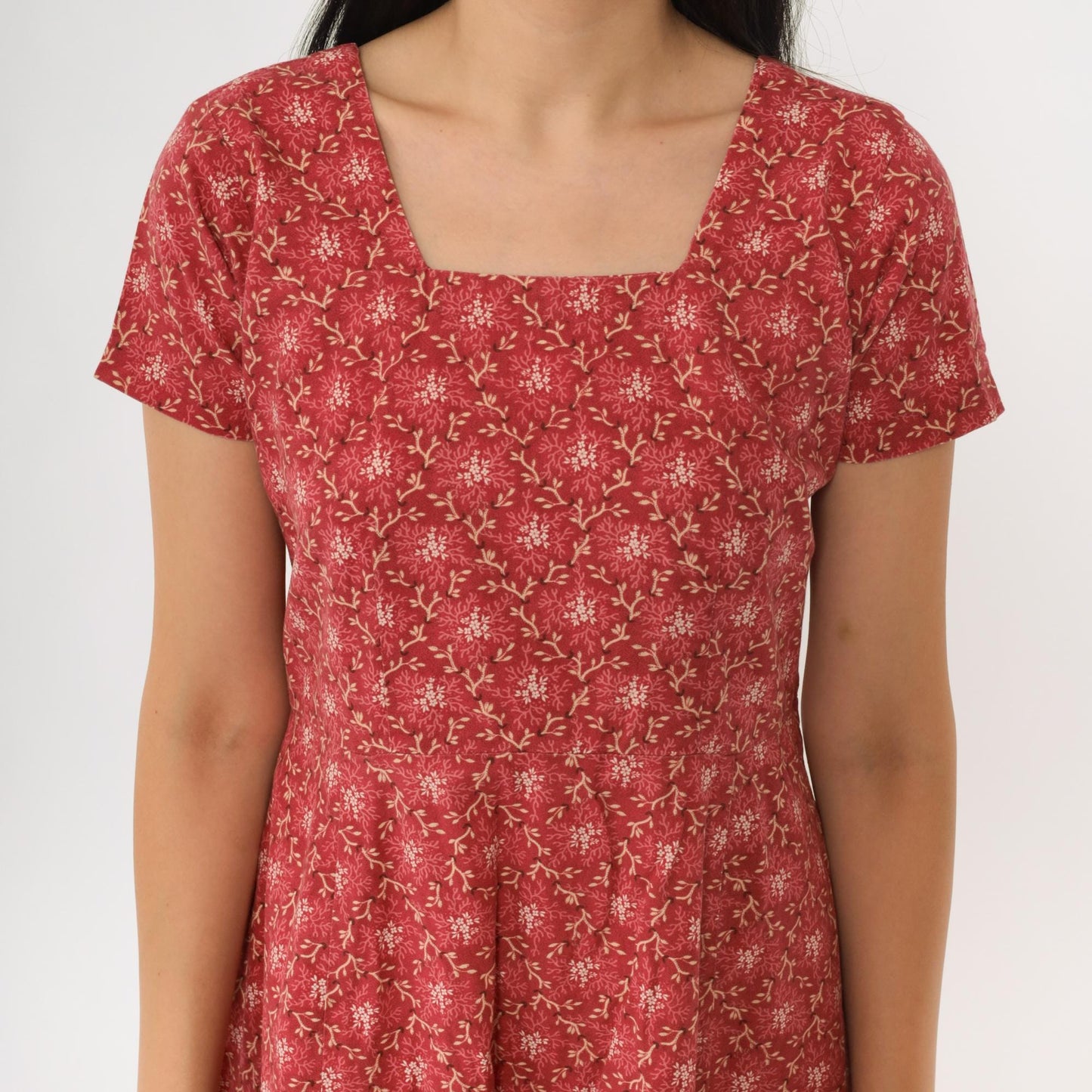 90s Red Floral Mini Dress High Waist Square Neck Short Sleeve Medium