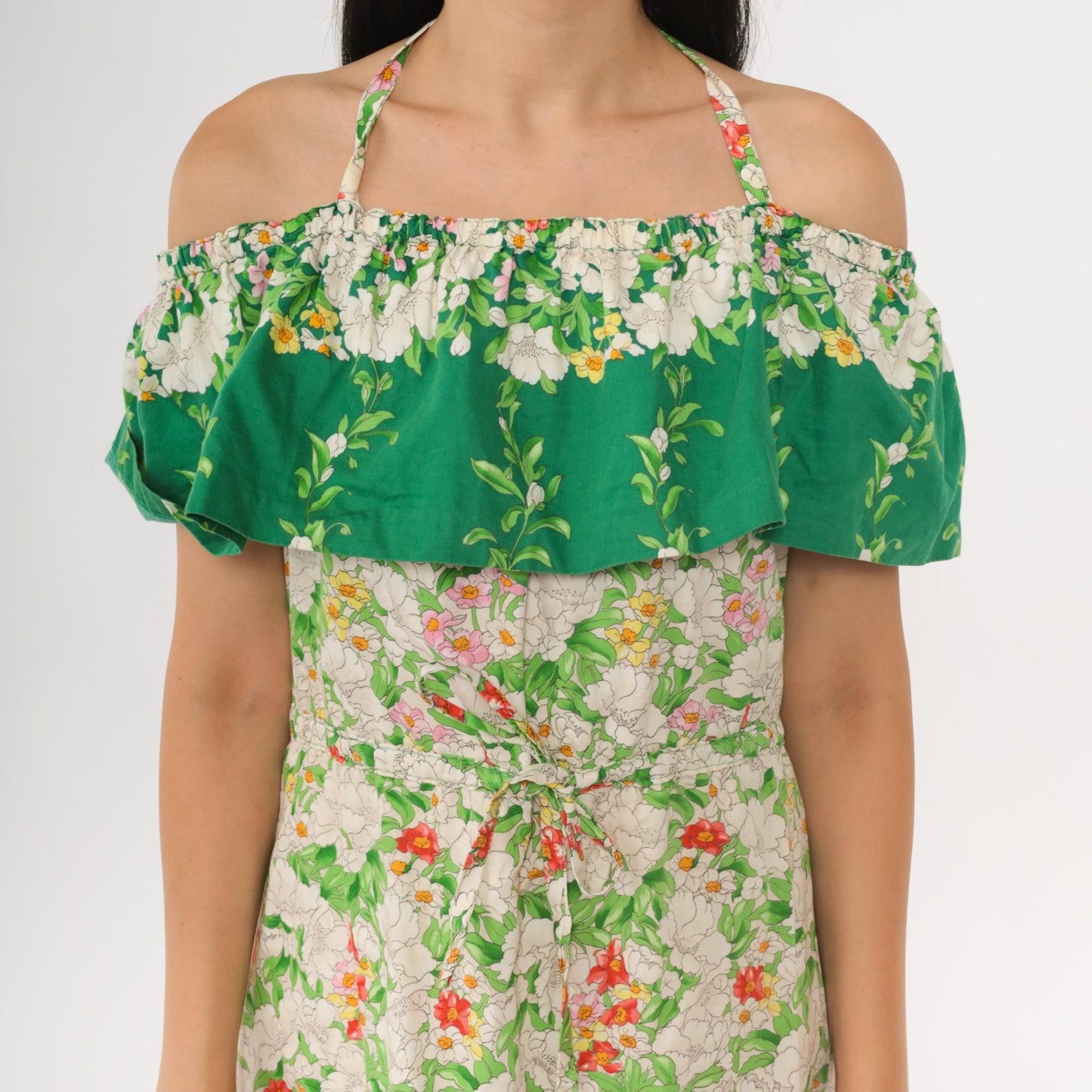 70s Parade Floral Off-Shoulder Midi Dress Green White Halter Small Medium