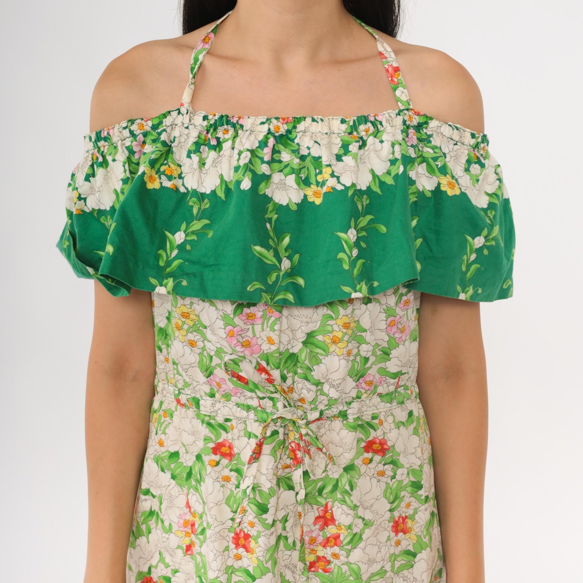 70s Parade Floral Off-Shoulder Midi Dress Green White Halter Small Medium