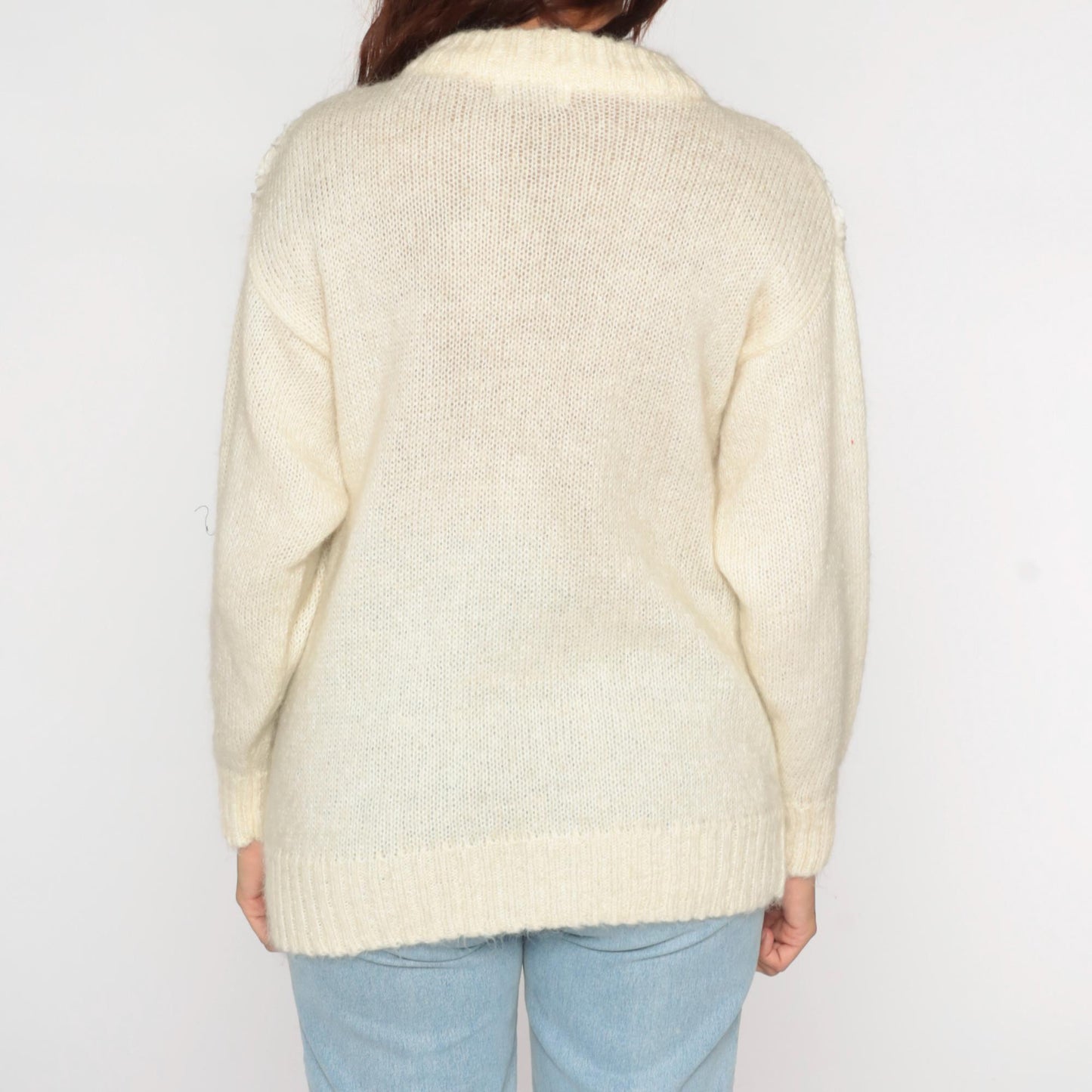 80s Cream Lace Soutache Sweater Fuzzy Knit Pullover Medium M