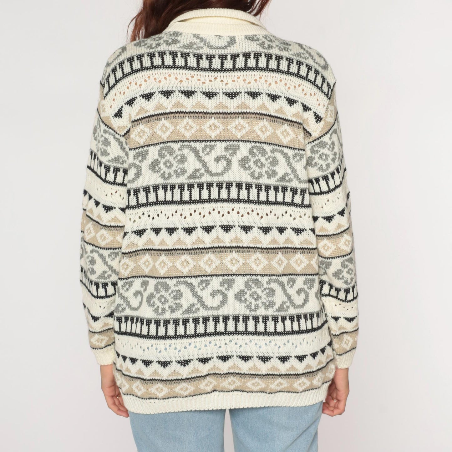 90s Alfred Dunner Geometric Floral Cream Collared Knit Sweater Medium M