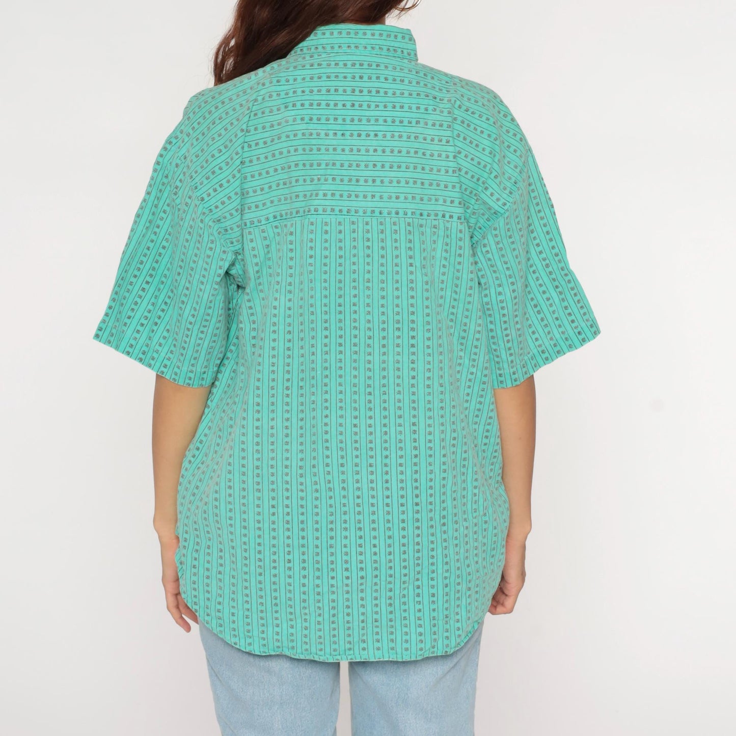 90s Green Striped Stamp Print Button-Up Shirt Boxy Fit Medium
