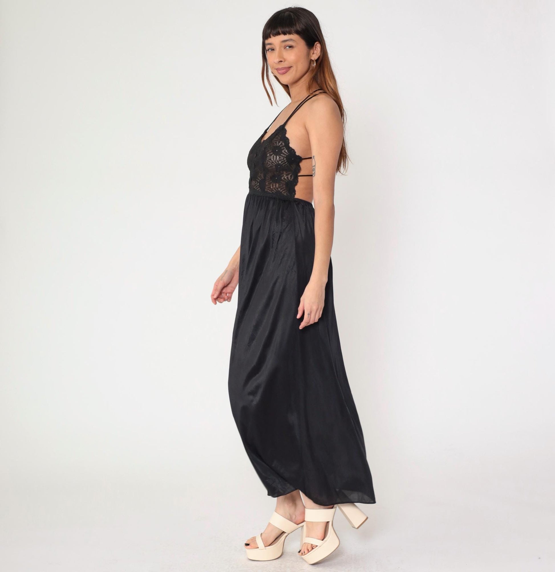 80s Black Lace Nylon Slip Dress Maxi Sweetheart Neckline Spaghetti Strap Small