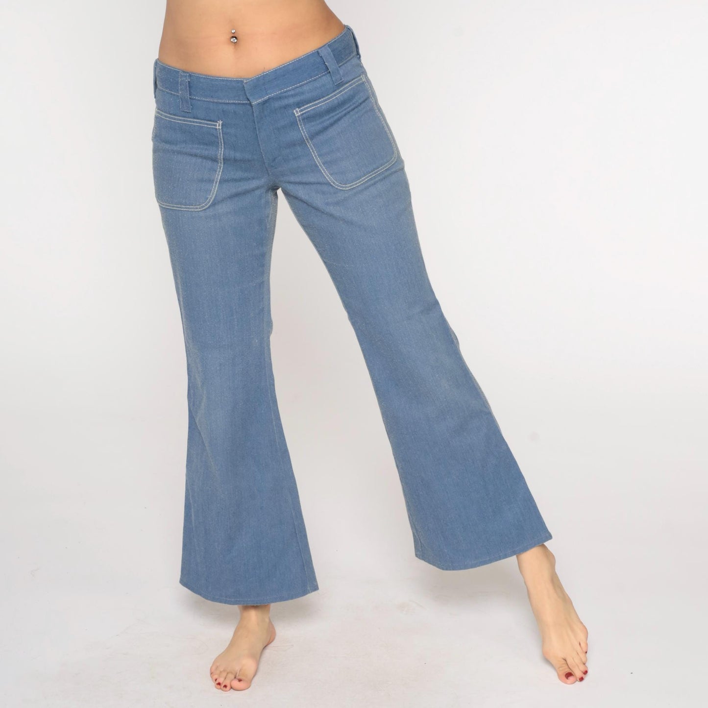 70s Blue Twill Bell Bottom Pants Mid Rise Flared Trousers Men's Medium