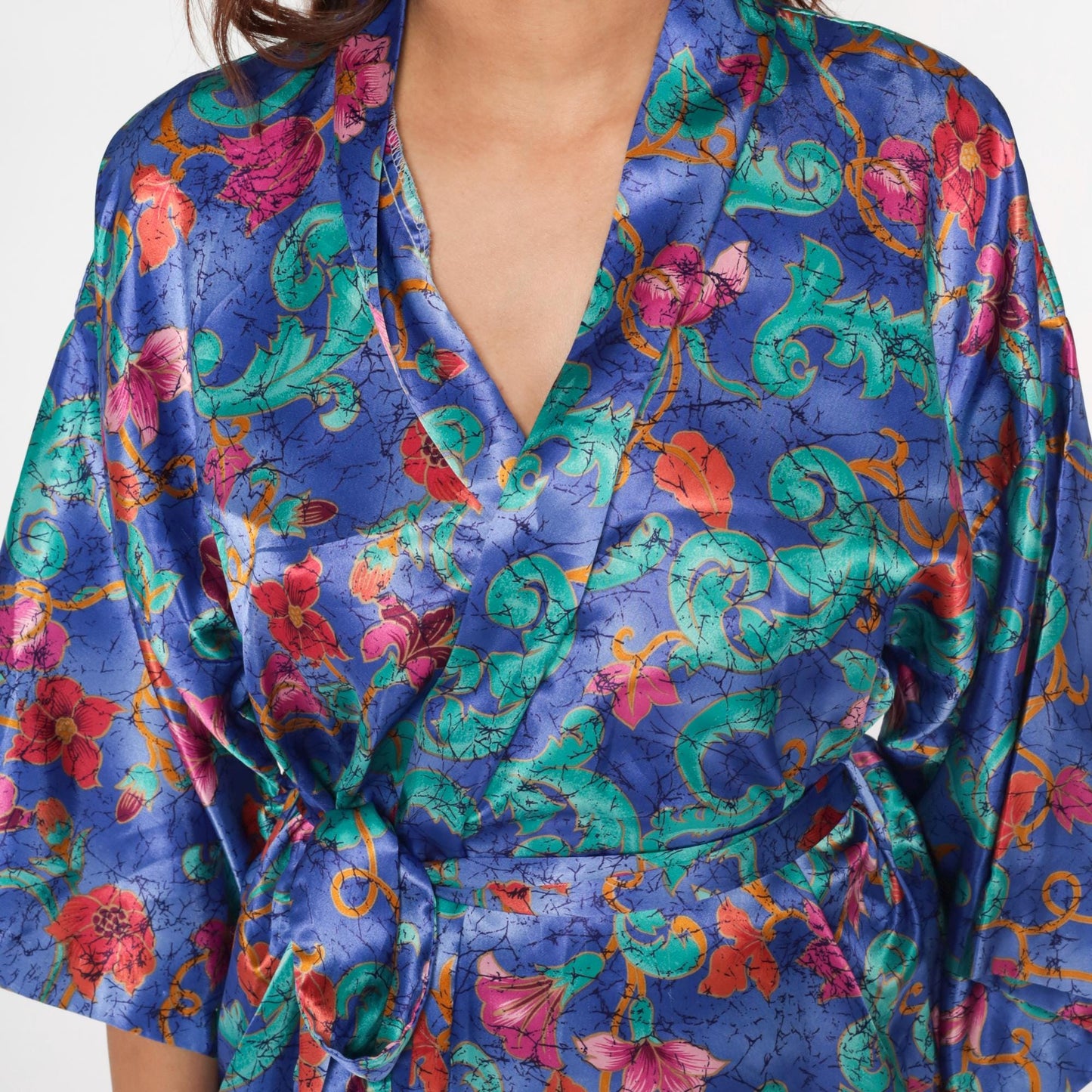 90s Purple Floral Satin Midi Robe Wrap Front Tie Belt Large