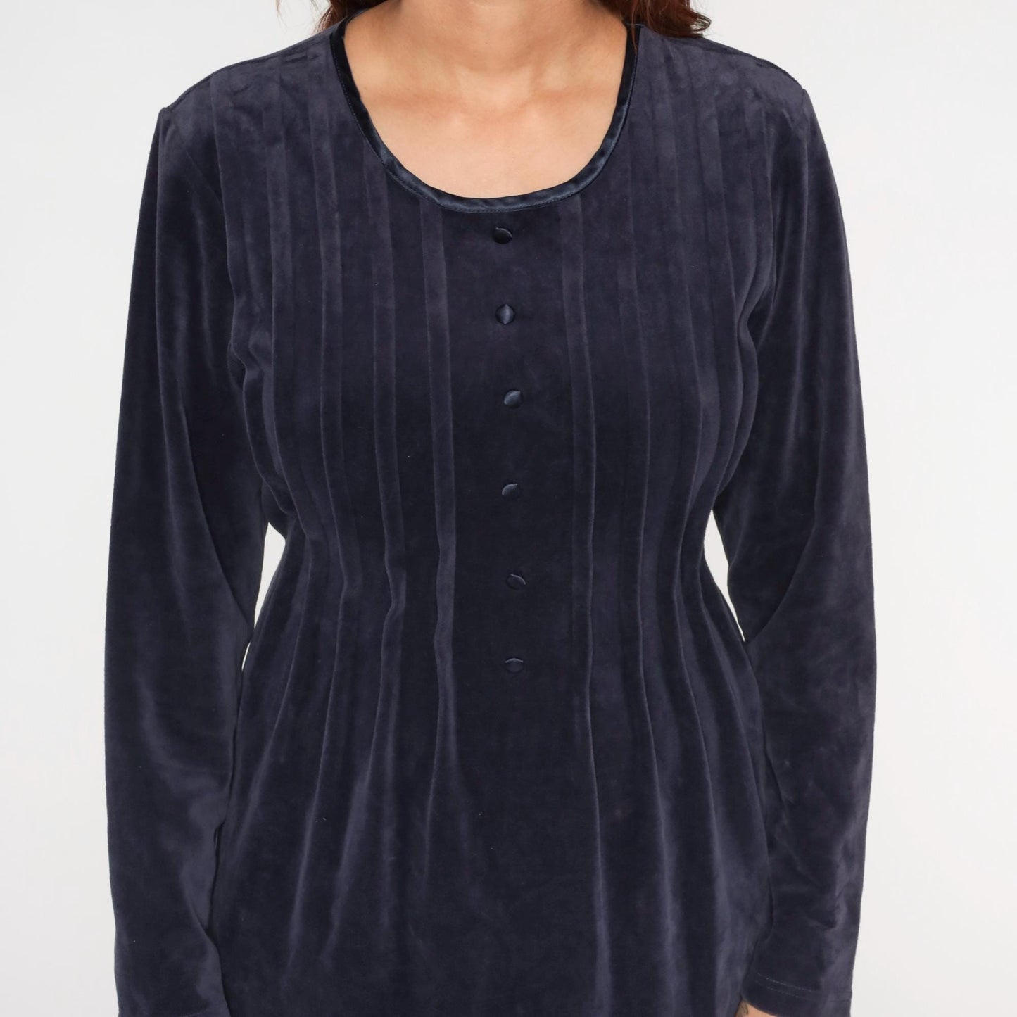 90s Midnight Blue Velour Mini Dress Long Sleeve Pleated Babydoll Medium M