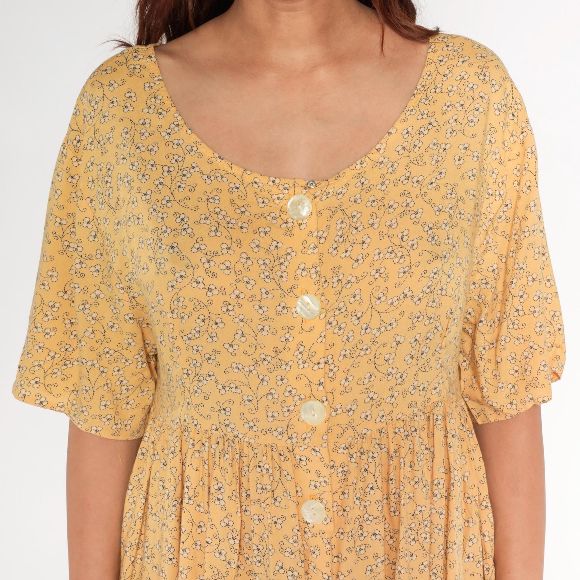 90s Yellow Floral Button-Up Shirtdress Rayon Maxi Ankle Length Medium