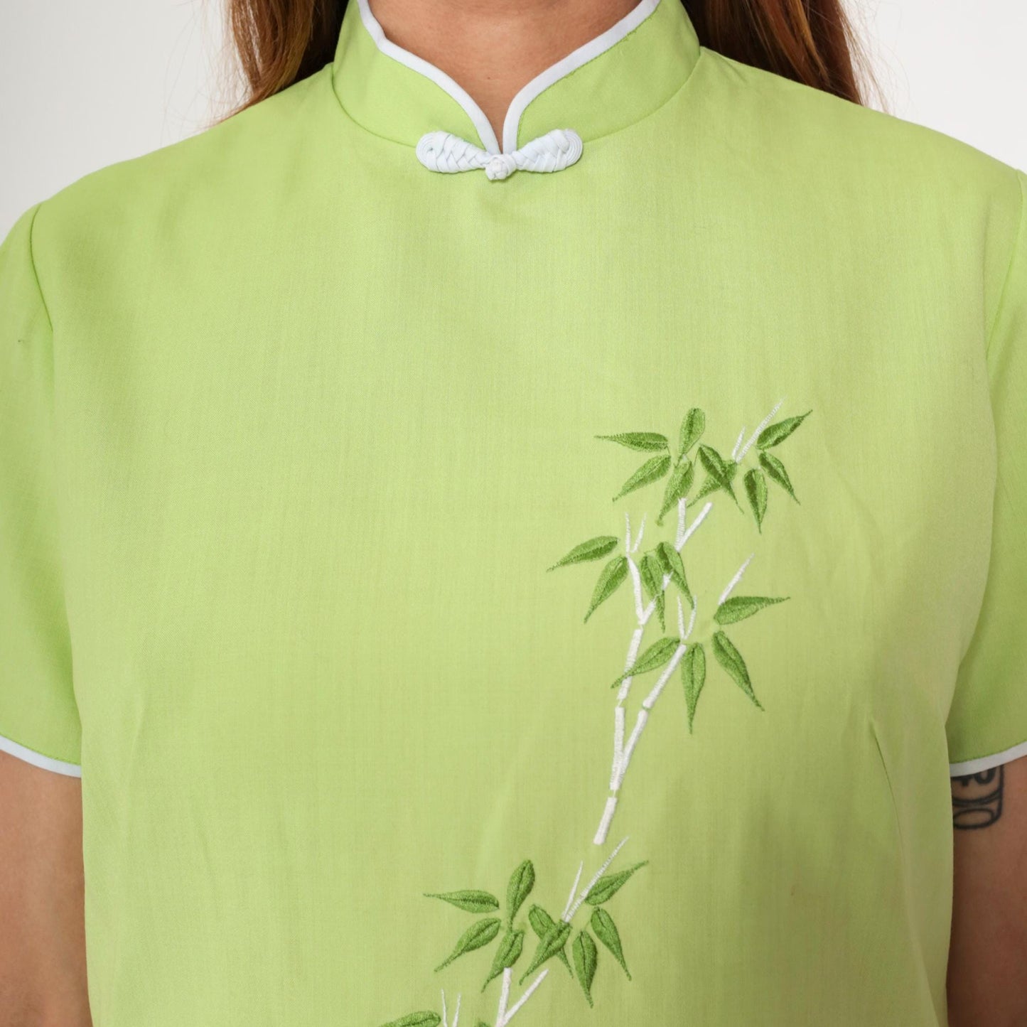 90s Lime Green Bamboo Embroidered Cheongsam Mini Dress Mandarin Collar Medium M