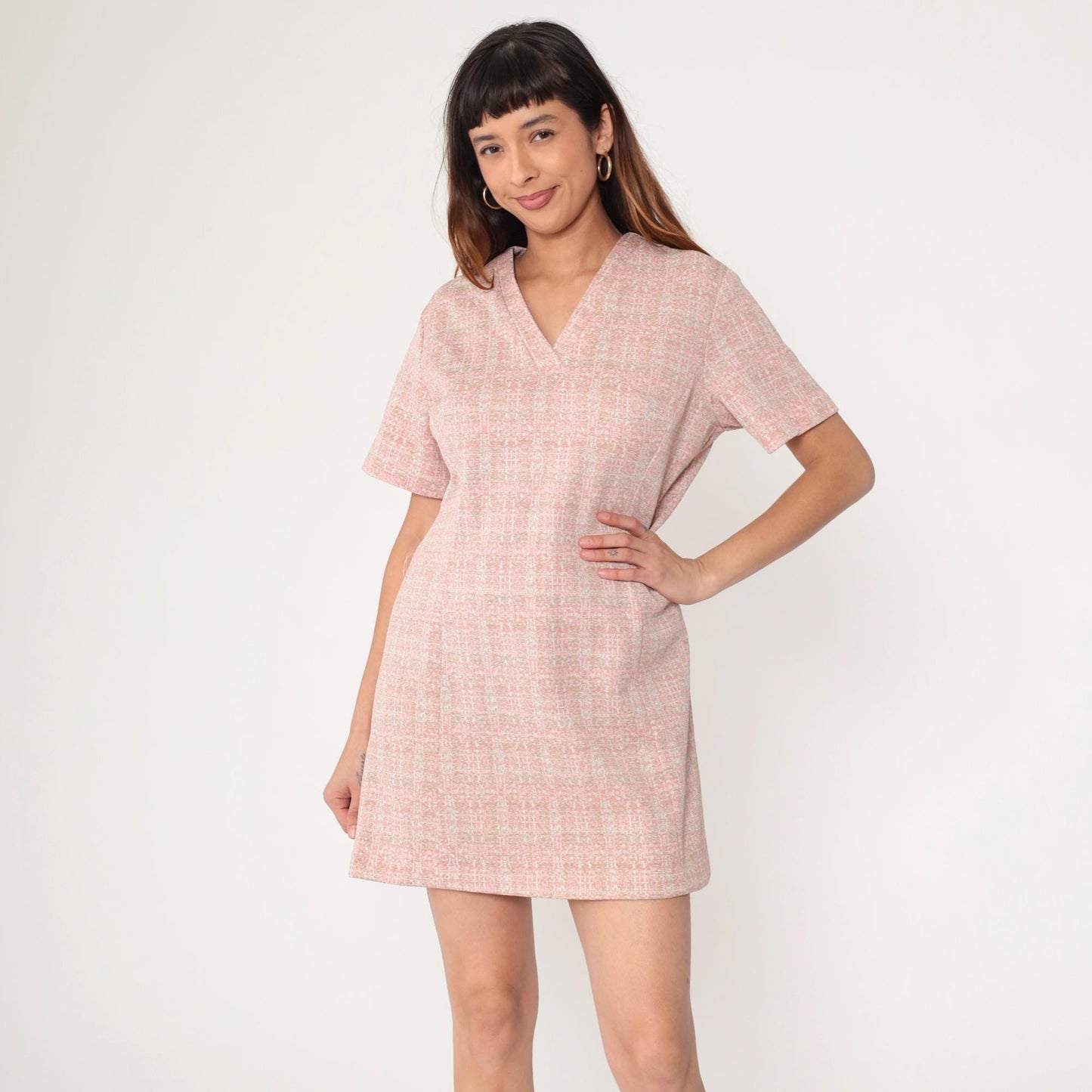 70s Mod Mini Dress Pink Checkered Shift V-Neck Belted Short Sleeve Medium M