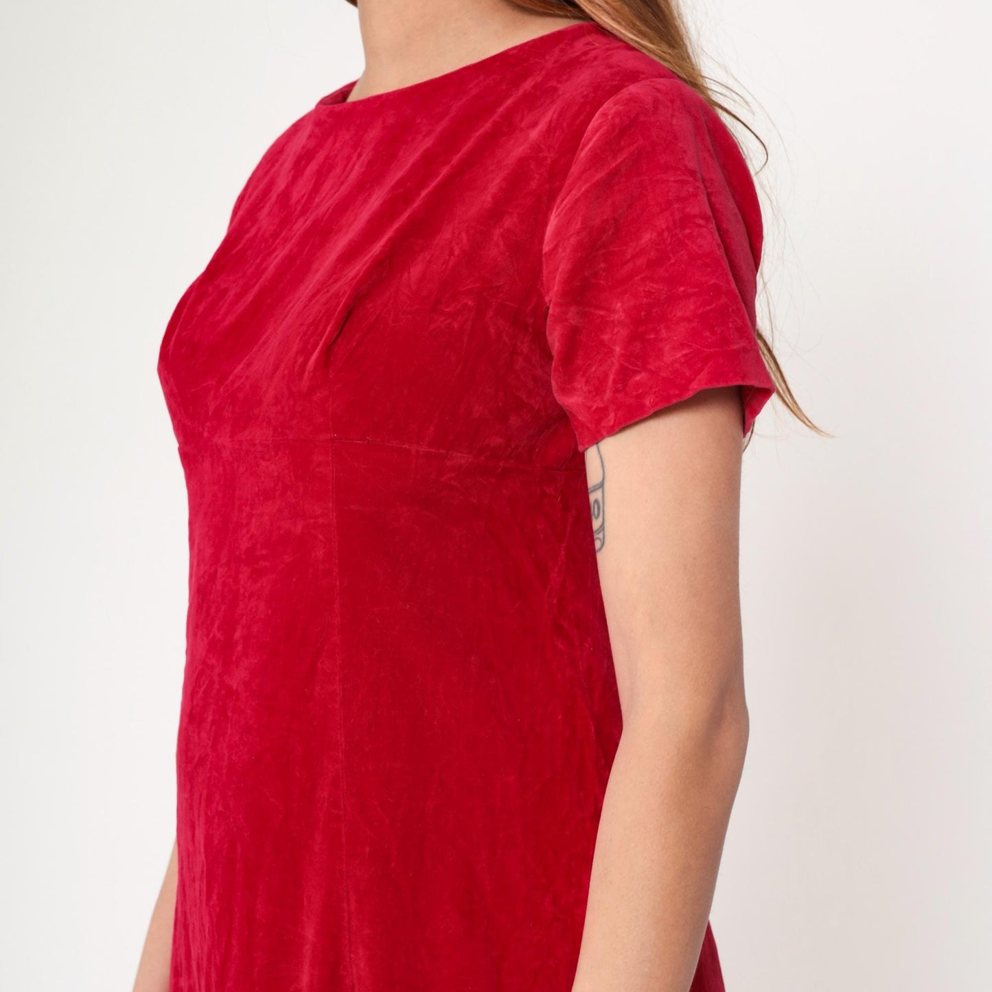 60s Red Velvet Maxi Dress Empire Waist Short Sleeve Small