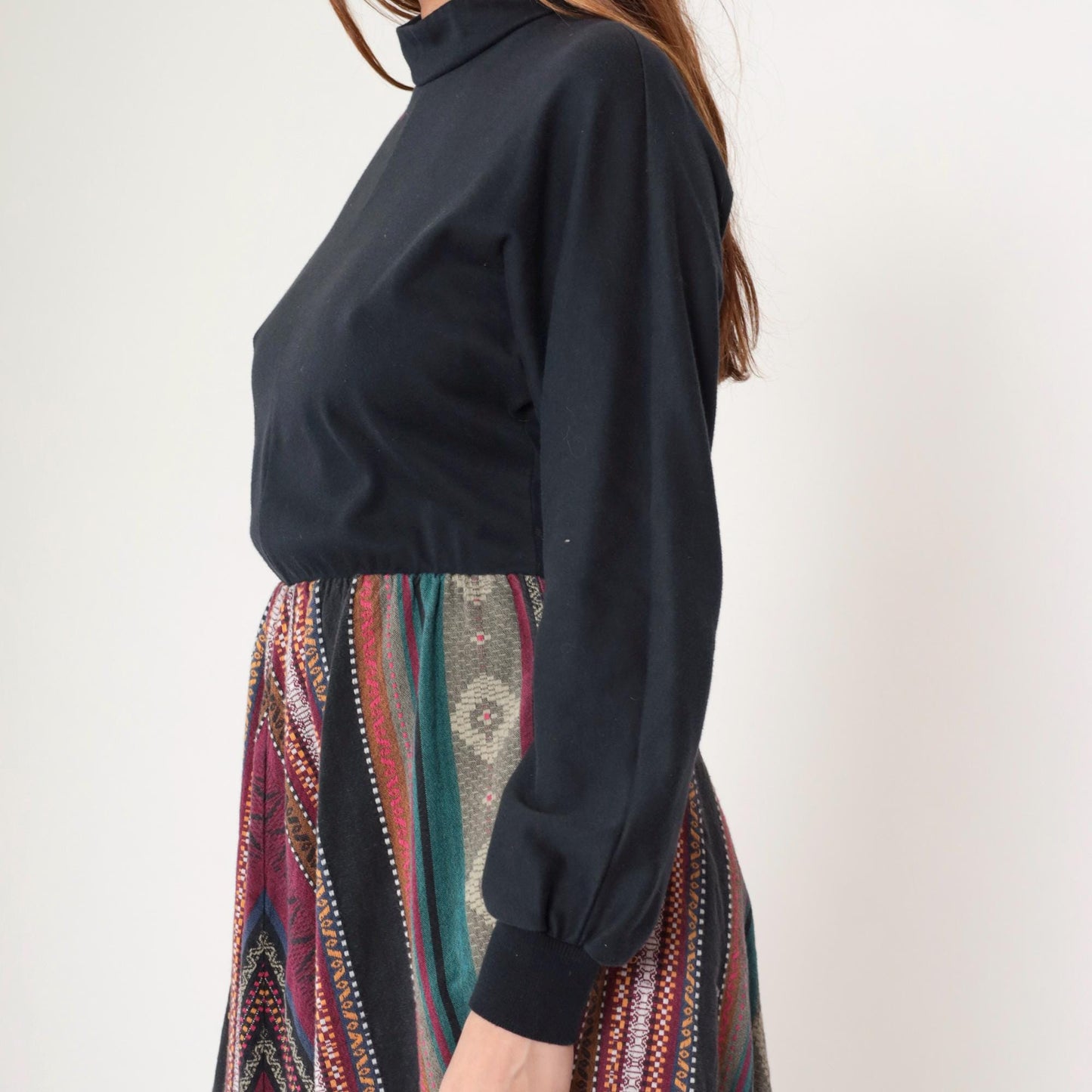 80s Orvis Chevron Stripe Midi Dress Mock Neck Long Sleeve Black Bodice Small