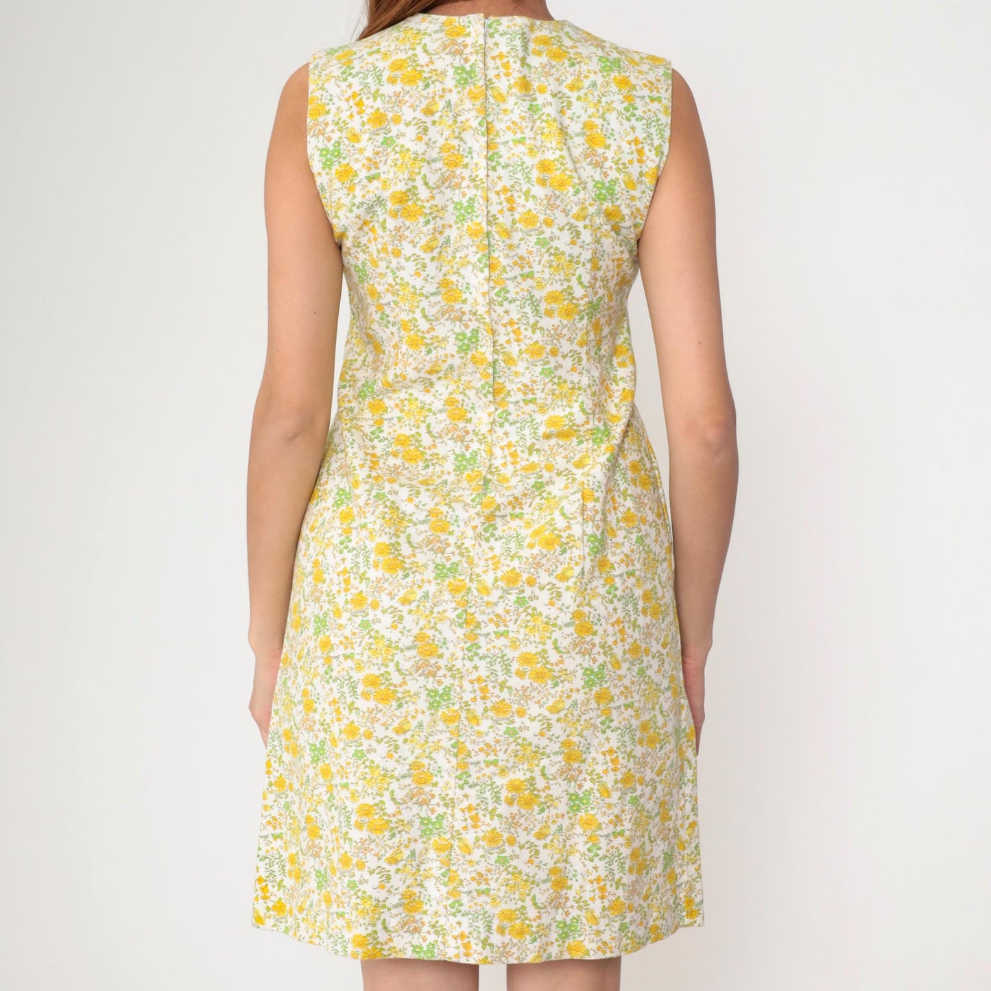 1960s Floral Butterfly Mini Dress White Yellow Sleeveless Sheath Small S
