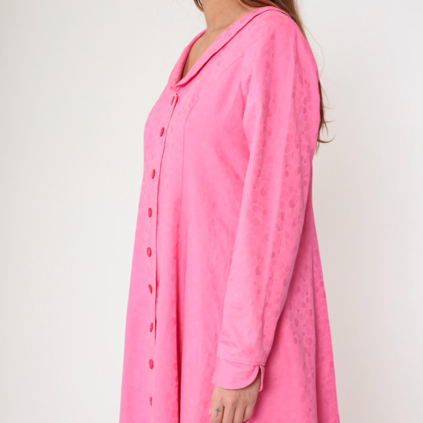 90s Fuchsia Jacquard Polka Dot Button-Up Midi Dress Long Sleeve Medium