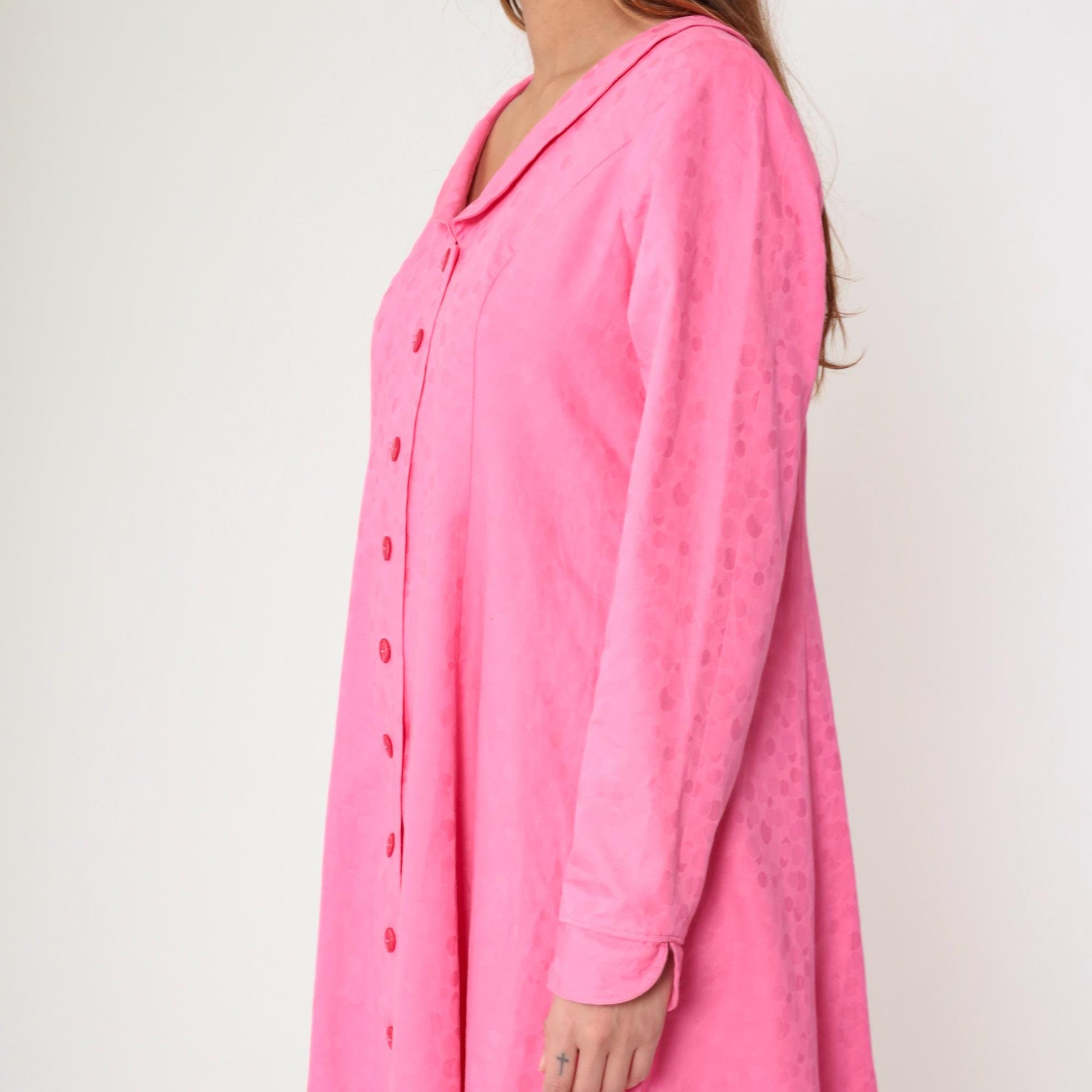 90s Fuchsia Jacquard Polka Dot Button-Up Midi Dress Long Sleeve Medium