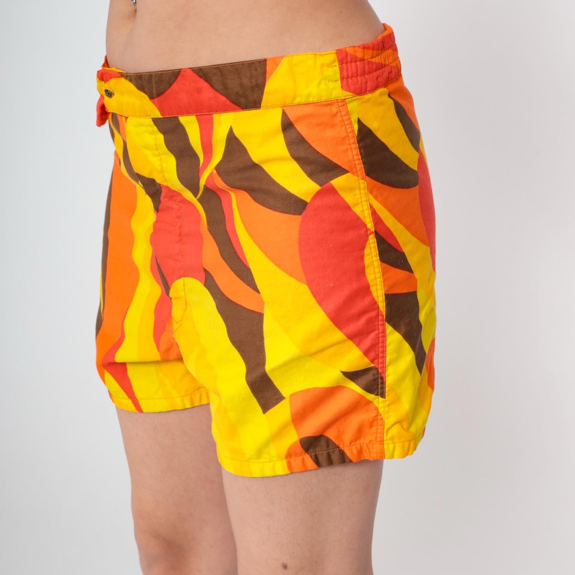 70s Kamehameha Hawaii Board Shorts Abstract Print Orange Yellow Medium