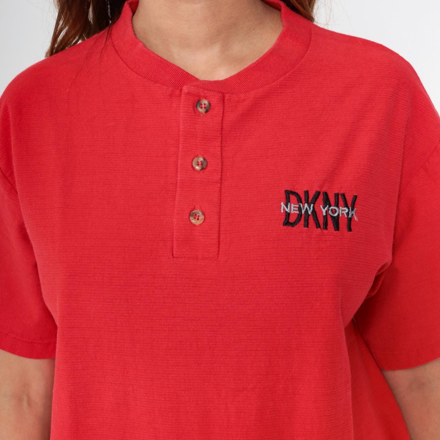 90s DKNY Henley Shirt Red Cotton Short Sleeve Button Up Medium M
