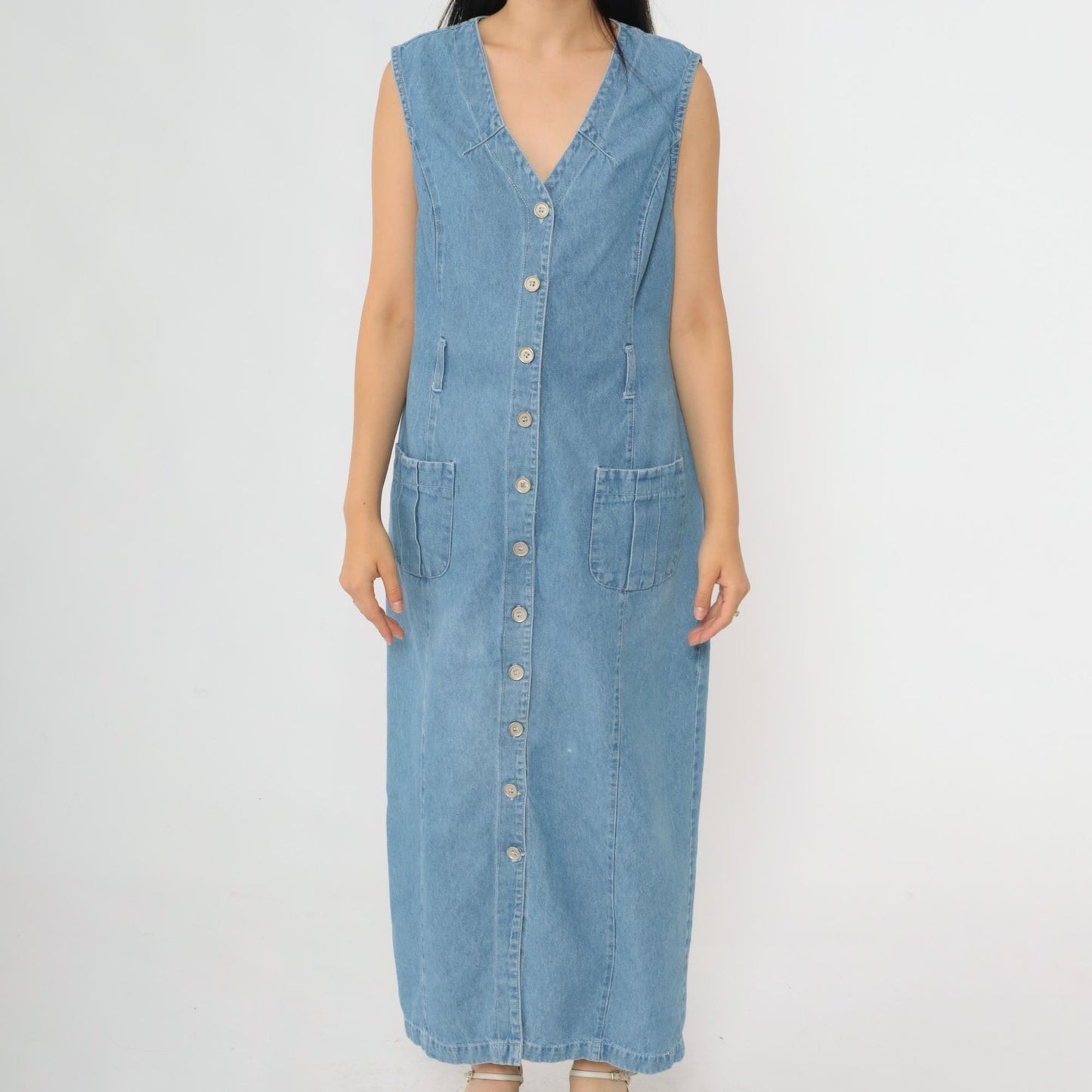 90s Studio Ease Blue Denim Jumper Dress Sleeveless V Neck Maxi Medium M