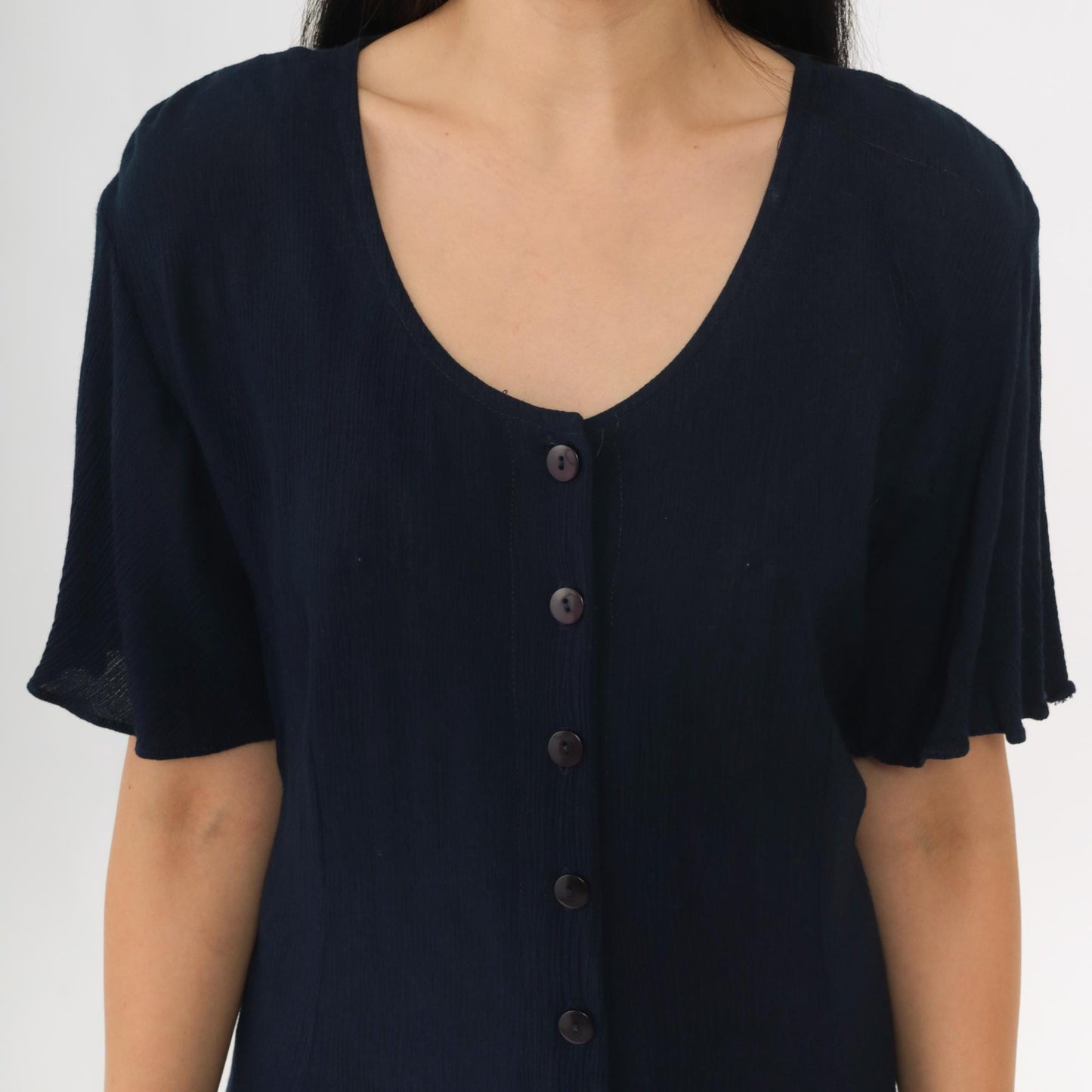 90s Navy Crinkled Rayon Button-Up Shirtdress Ankle Length Medium