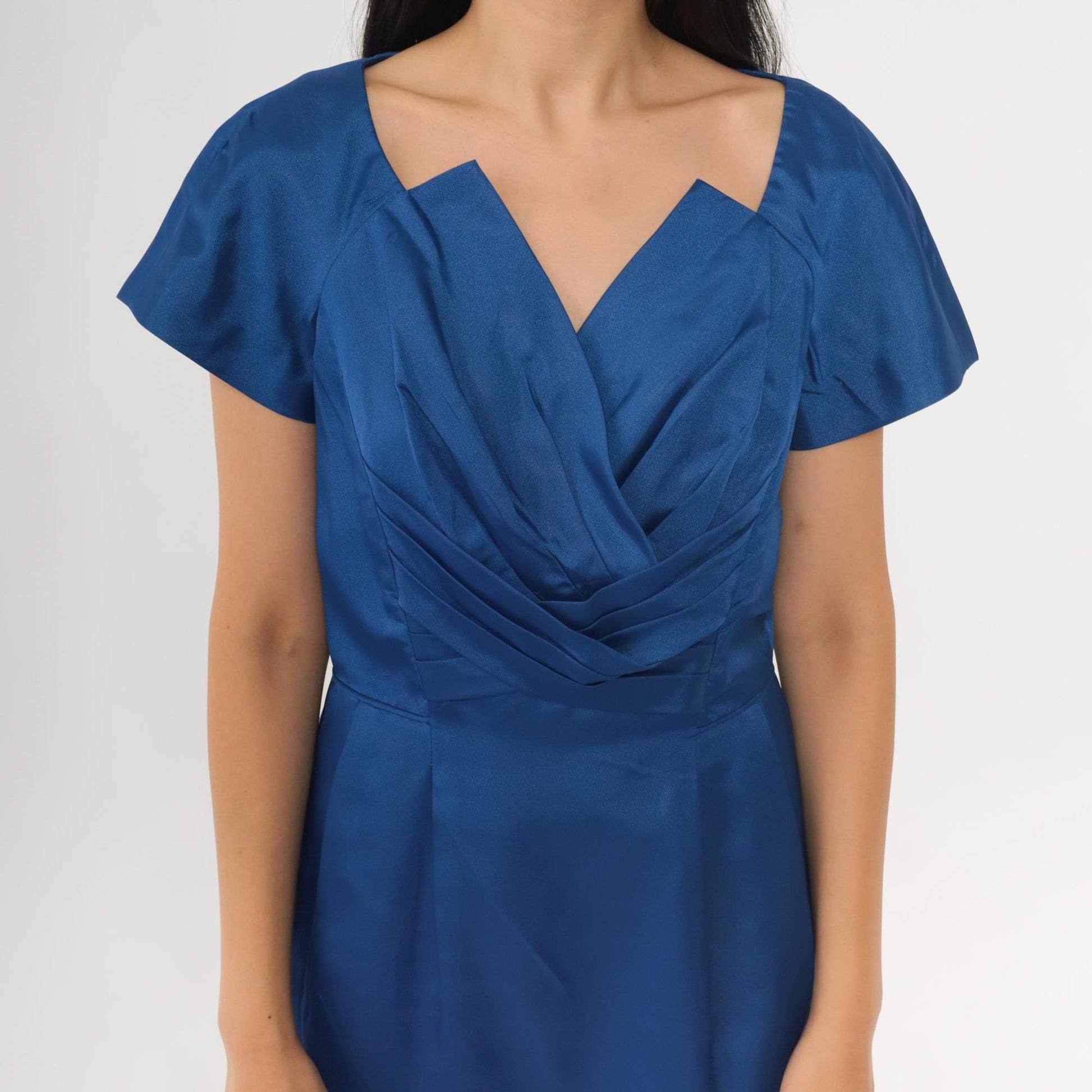 1960s Royal Blue Cocktail Dress Sculptural Neckline Midi Sheath Small S