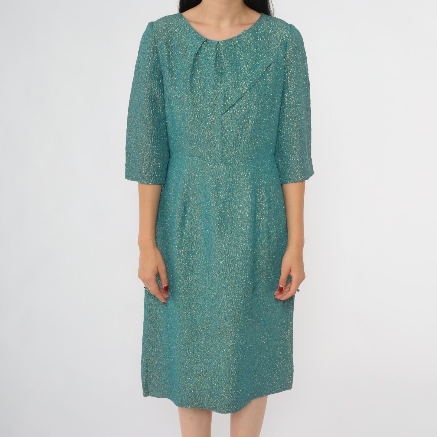 60s Metallic Gold Blue Sheath Dress Half Sleeve High Waist Knee Length Medium 8