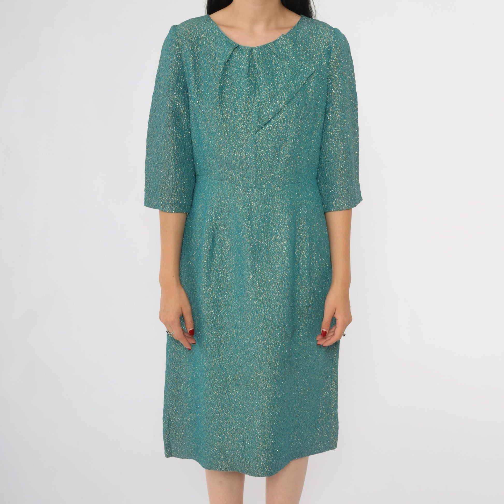 60s Metallic Gold Blue Sheath Dress Half Sleeve High Waist Knee Length Medium 8