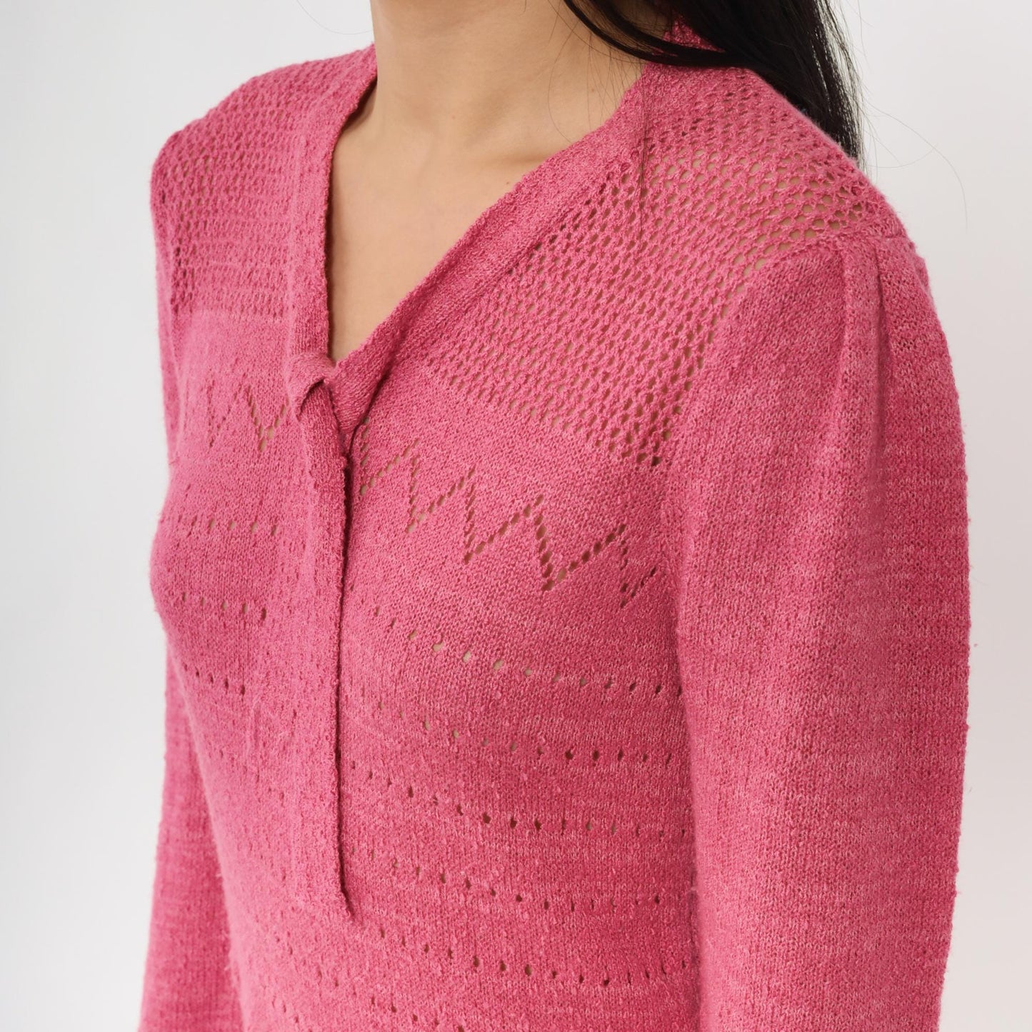 80s Pink Pointelle Knit Midi Dress Tie Neck Puff Sleeve Medium