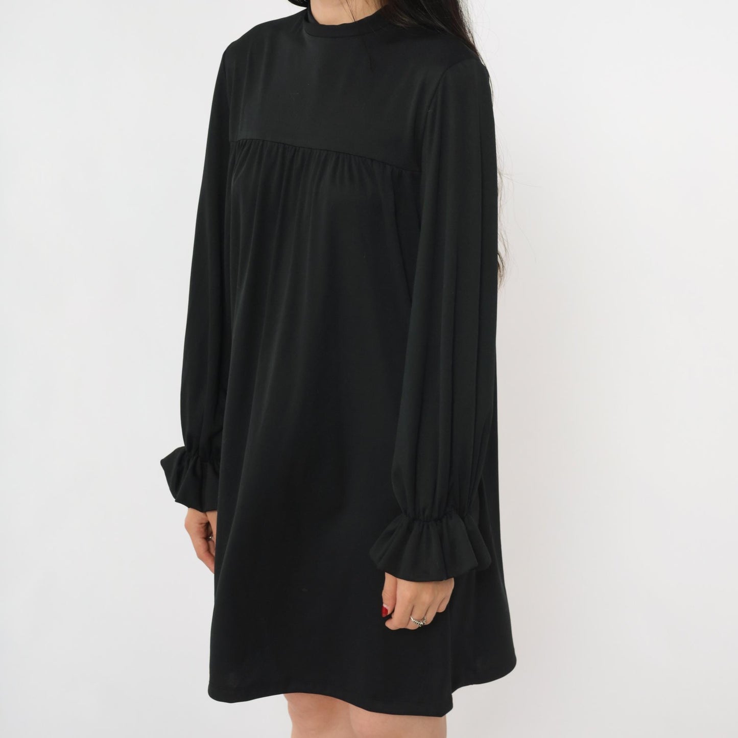 70s Black Tent Mini Dress Mock Neck Ruffled Long Sleeve Small