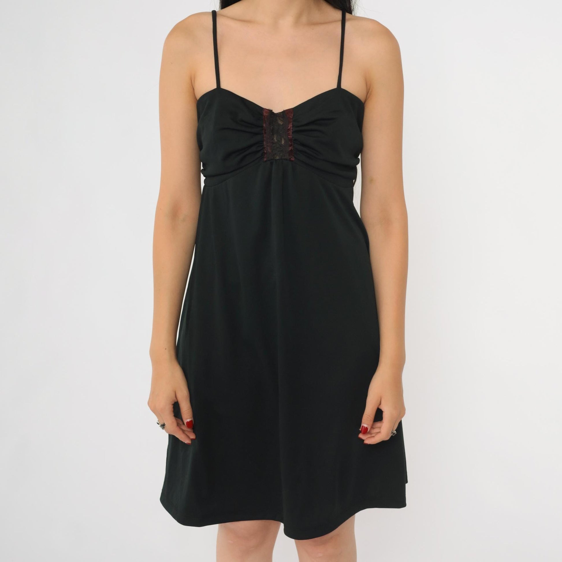 70s Black Mini Dress Empire Waist Lace Trim Spaghetti Strap Medium