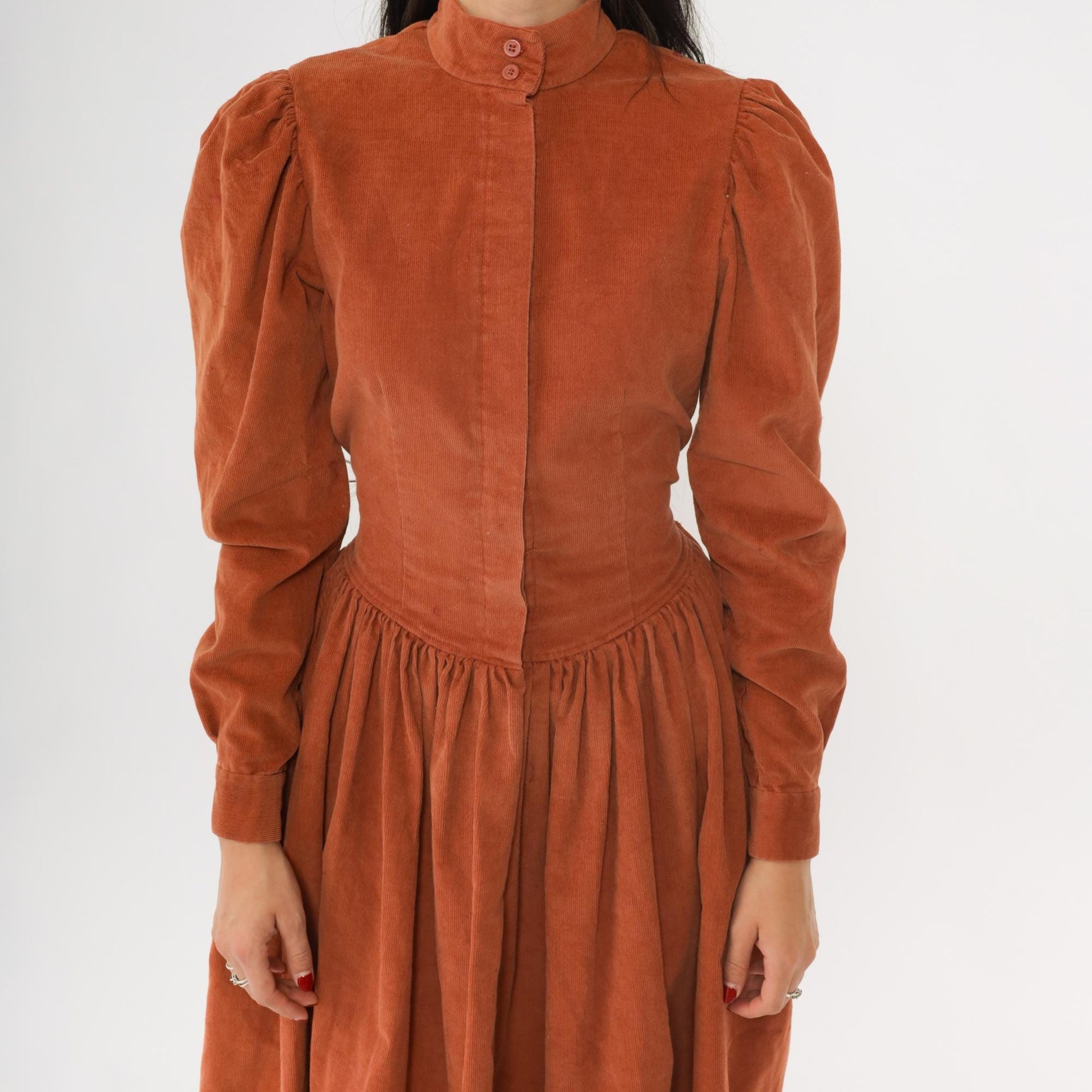 80s Rust Corduroy Midi Dress High Neck Puff Sleeve Fitted Waist Small