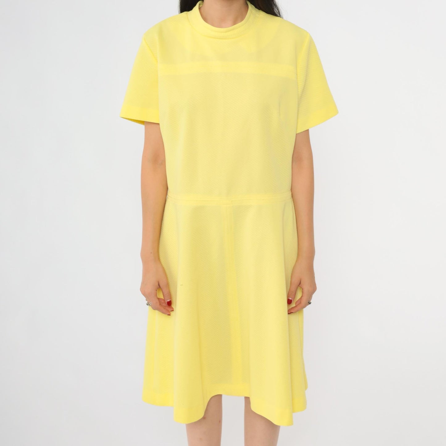 60s Yellow Mod Dress High Waist Ribbed Knit Knee Length Short Sleeve Large