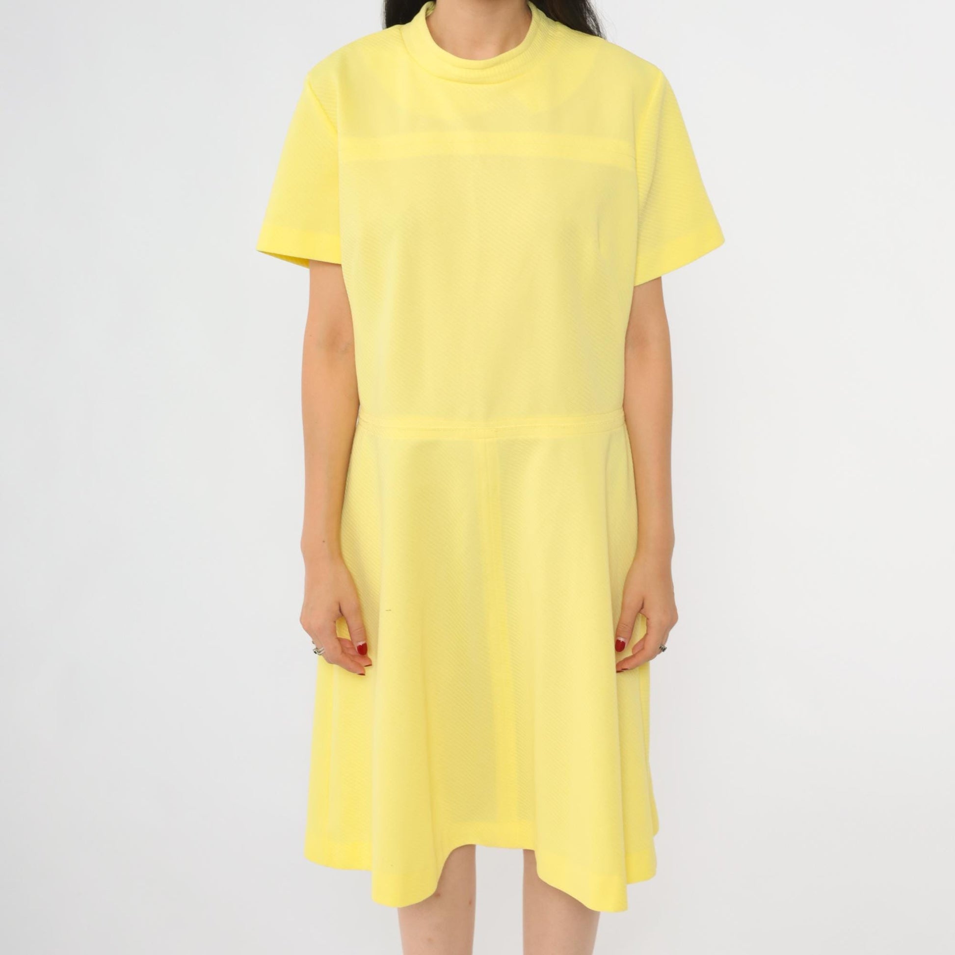 60s Yellow Mod Dress High Waist Ribbed Knit Knee Length Short Sleeve Large