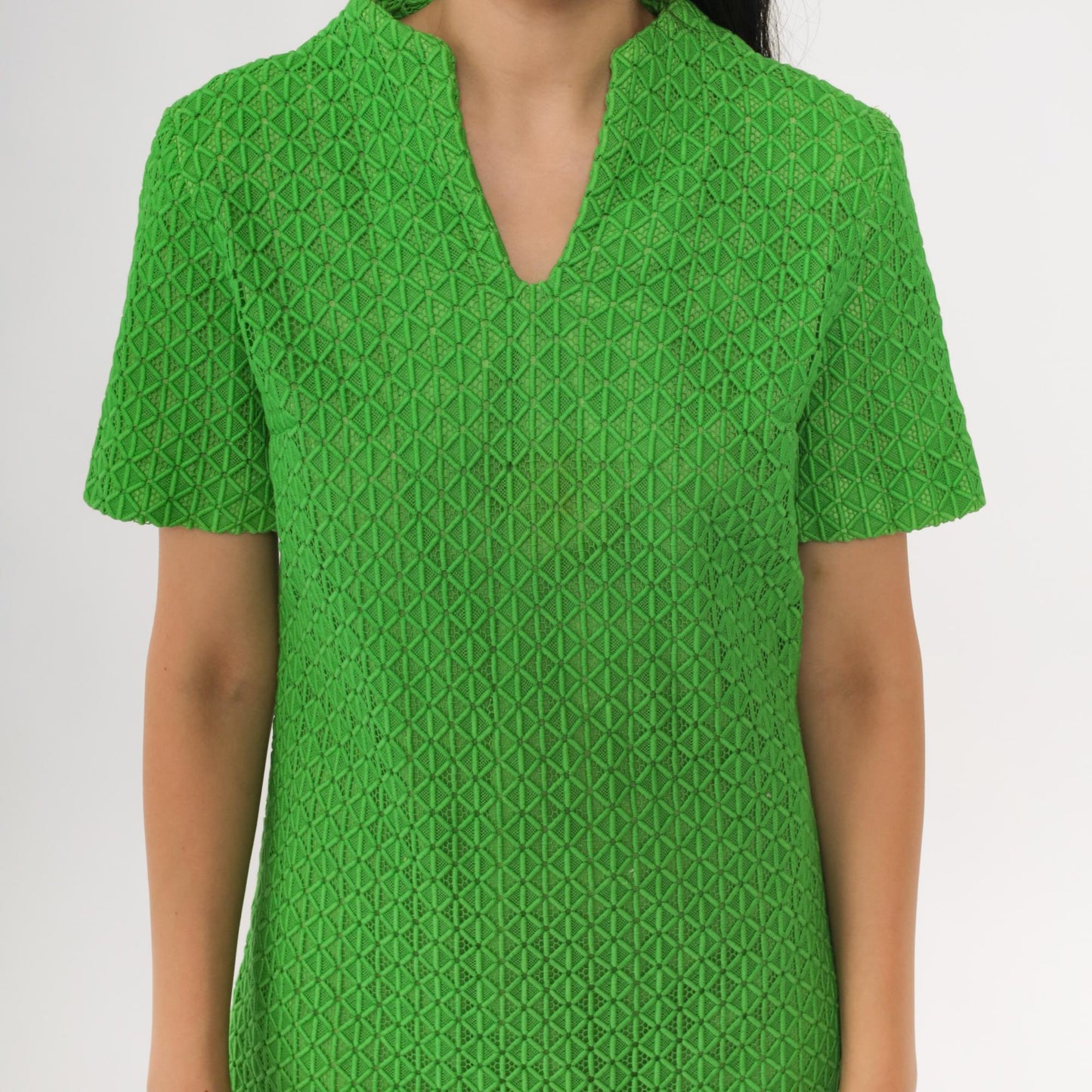 60s Green Guipure Lace Mod Mini Dress Geometric Embroidered V-Neck Small