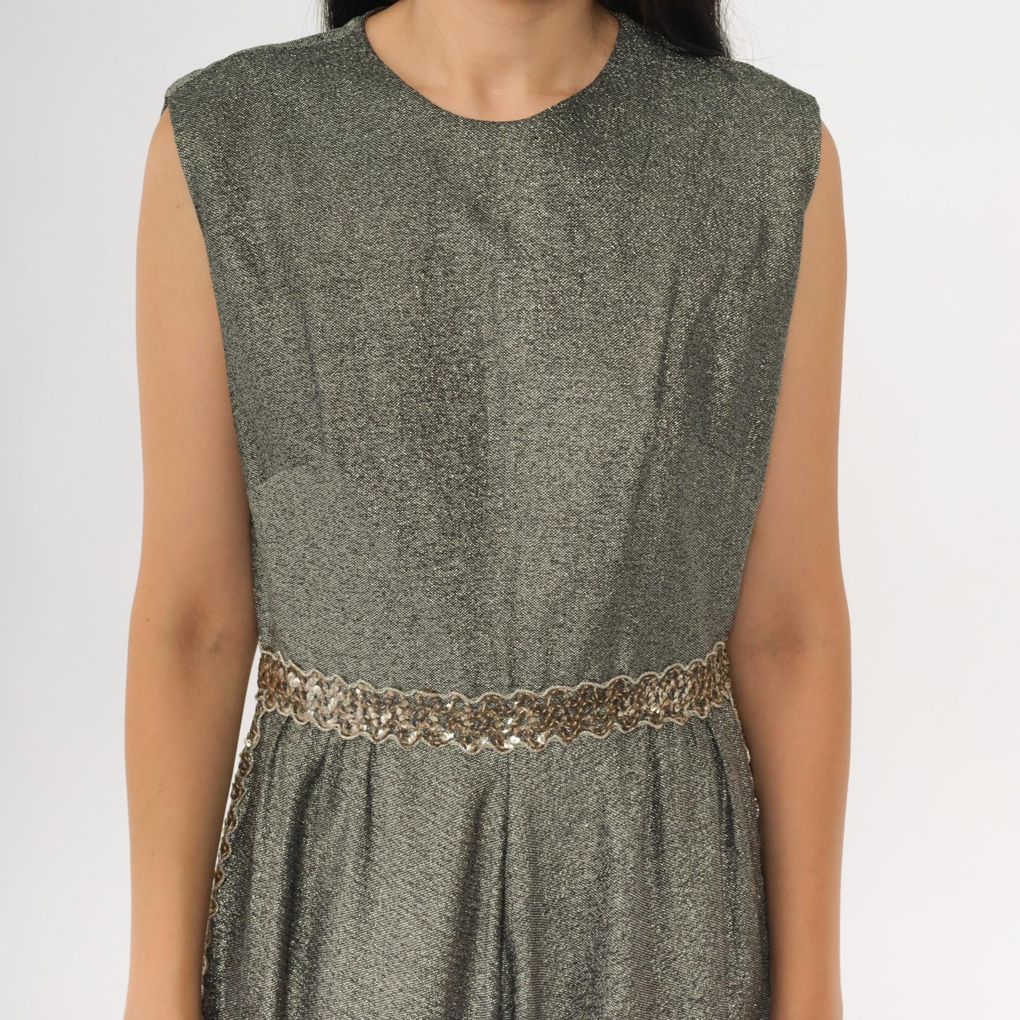 70s Silver Sequined Maxi Dress High Waisted Sleeveless Evening Gown Small