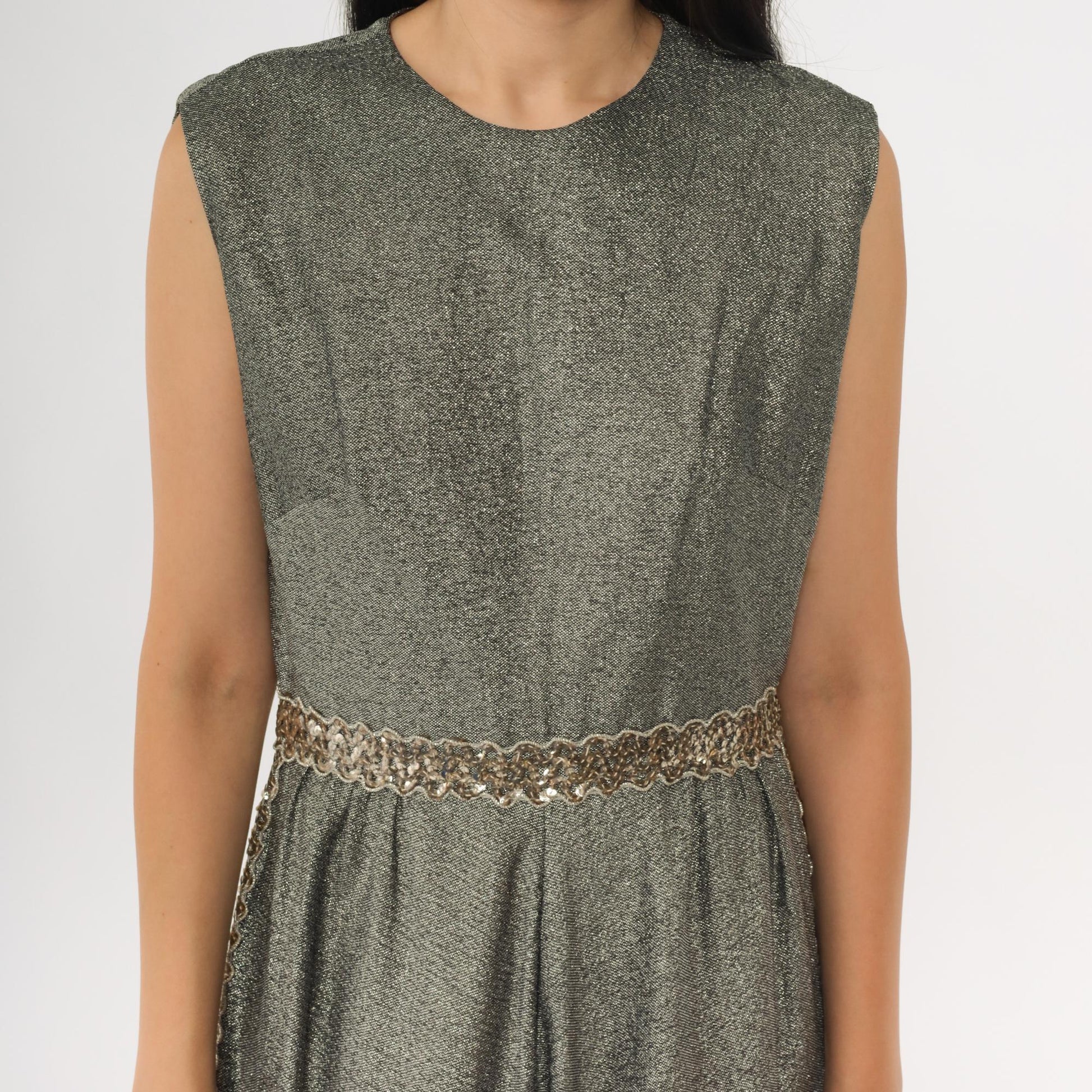 70s Silver Sequined Maxi Dress High Waisted Sleeveless Evening Gown Small