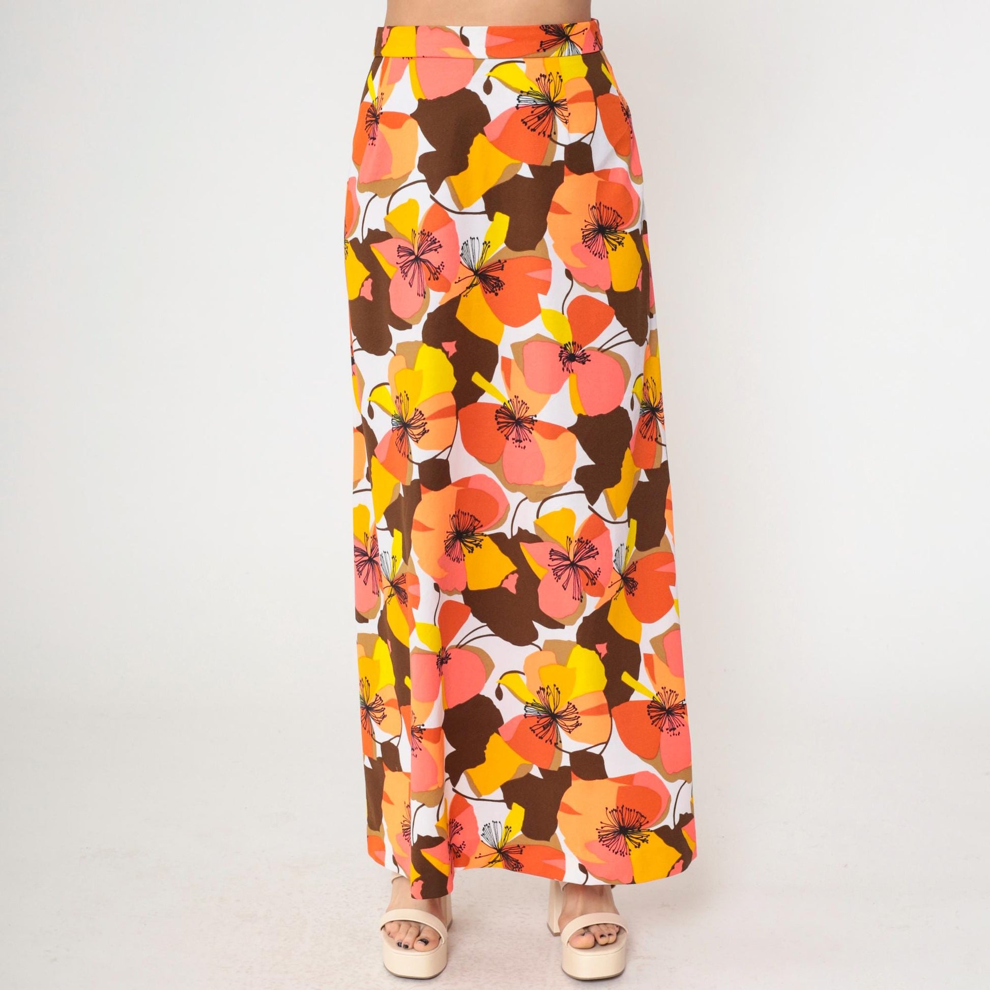 70s Floral Maxi Skirt High Waist Tropical Print Coral Orange Brown Medium