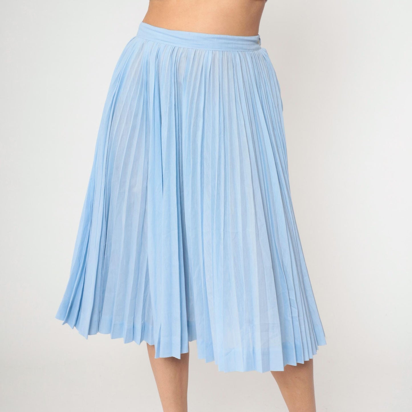 60s Light Blue Pleated High-Waist Midi Skirt Semi-Sheer Medium 8