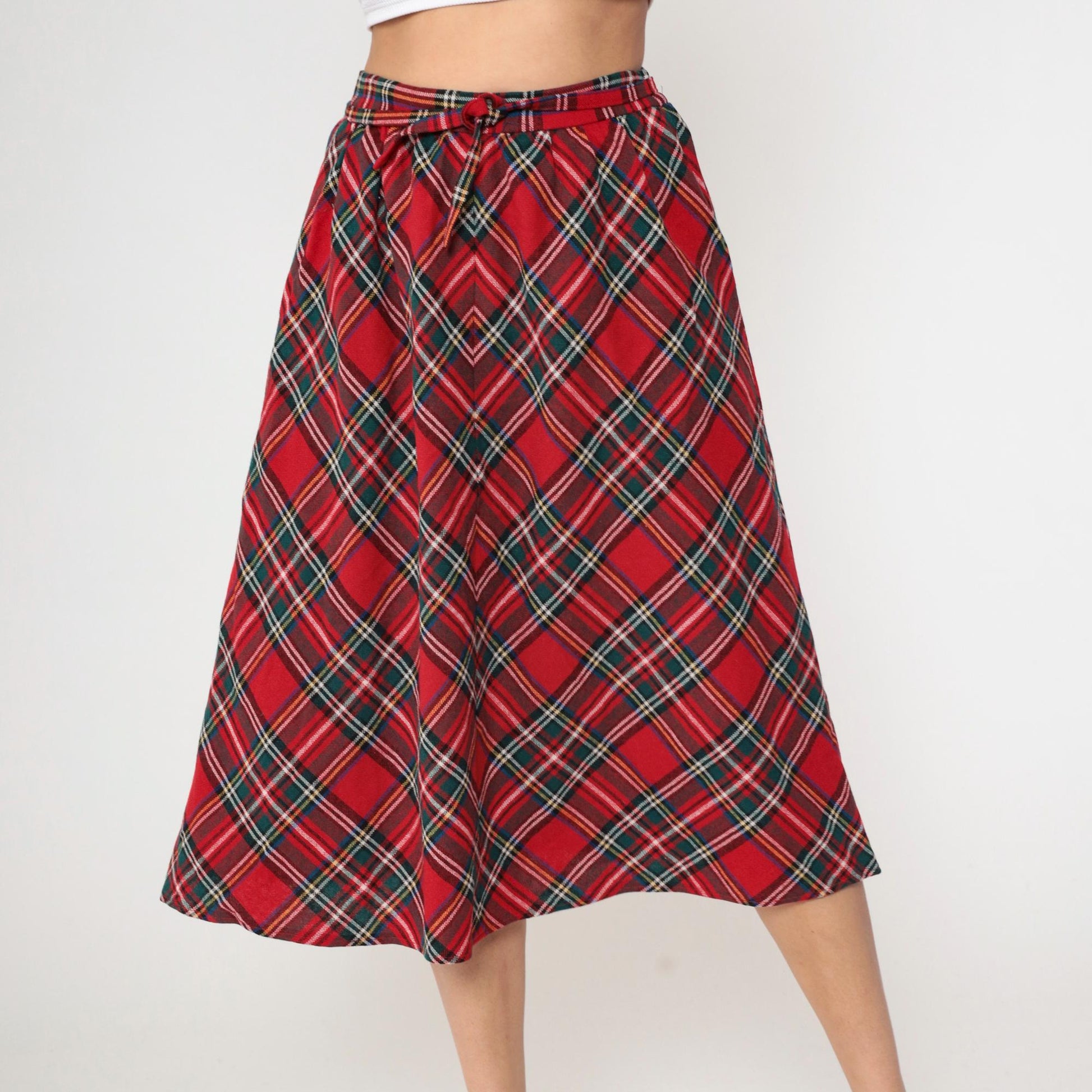 70s Red Plaid Wool Midi Skirt High Waisted A-Line Tartan Small