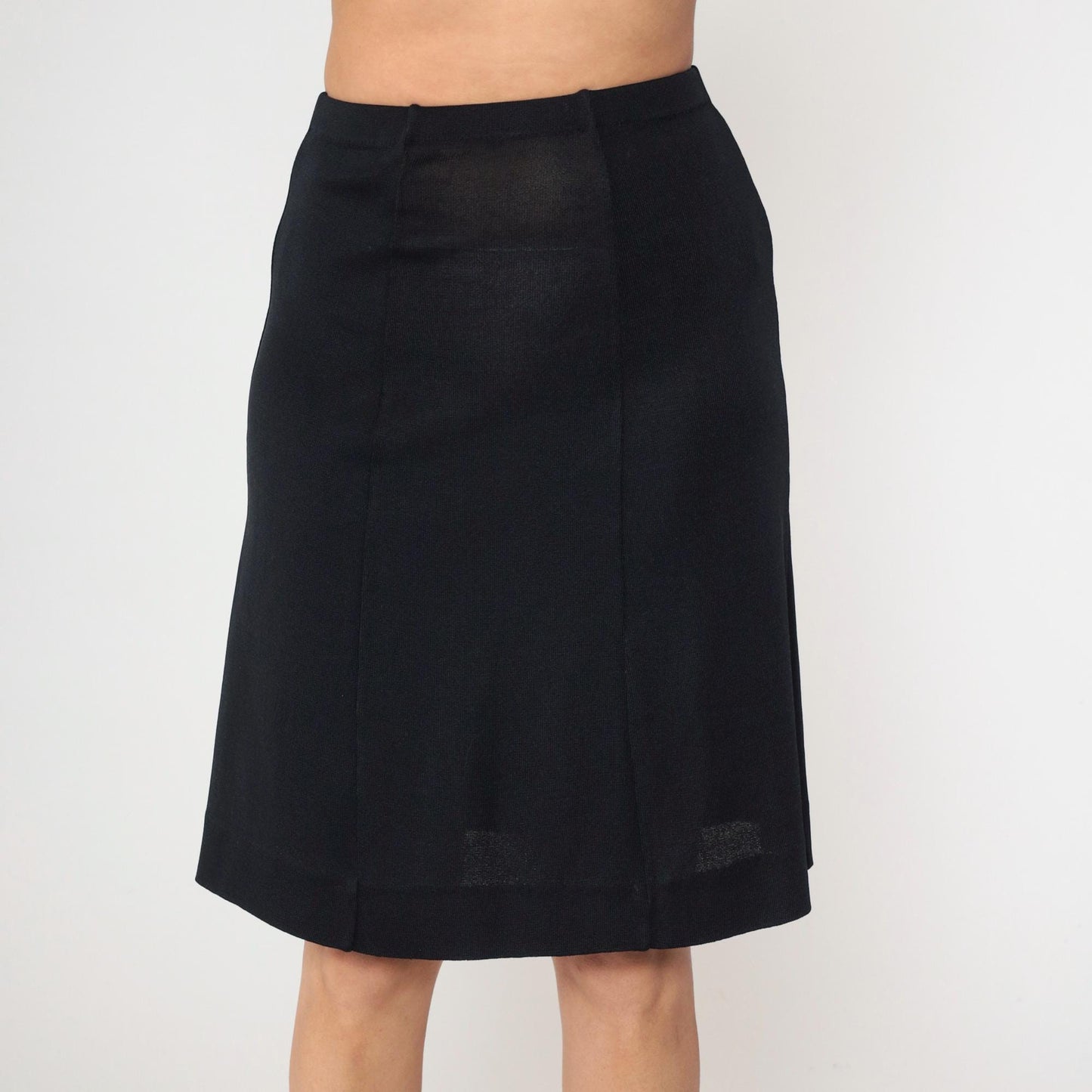 70s Black Knit Pencil Skirt High Waist Knee Length Extra Small
