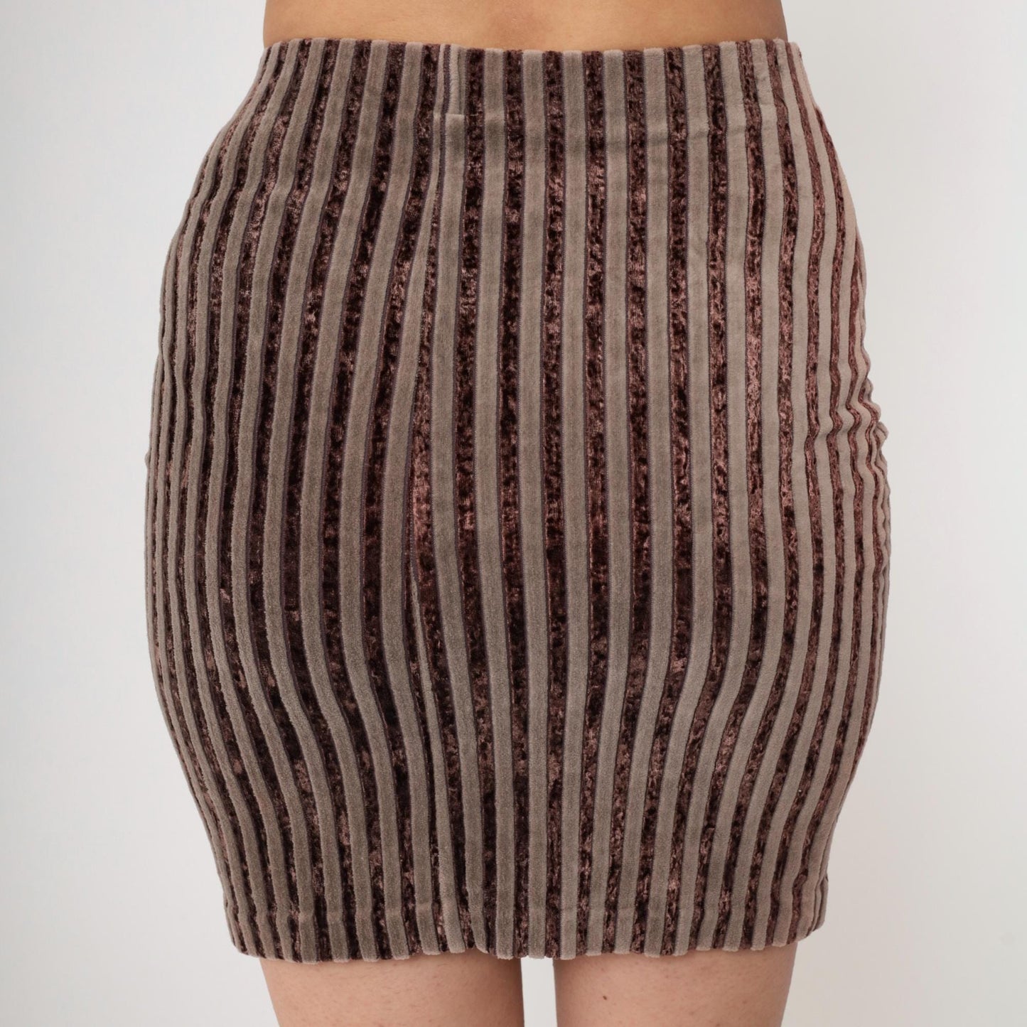 90s Brown Striped Velour Mini Skirt High Waist Bodycon Small