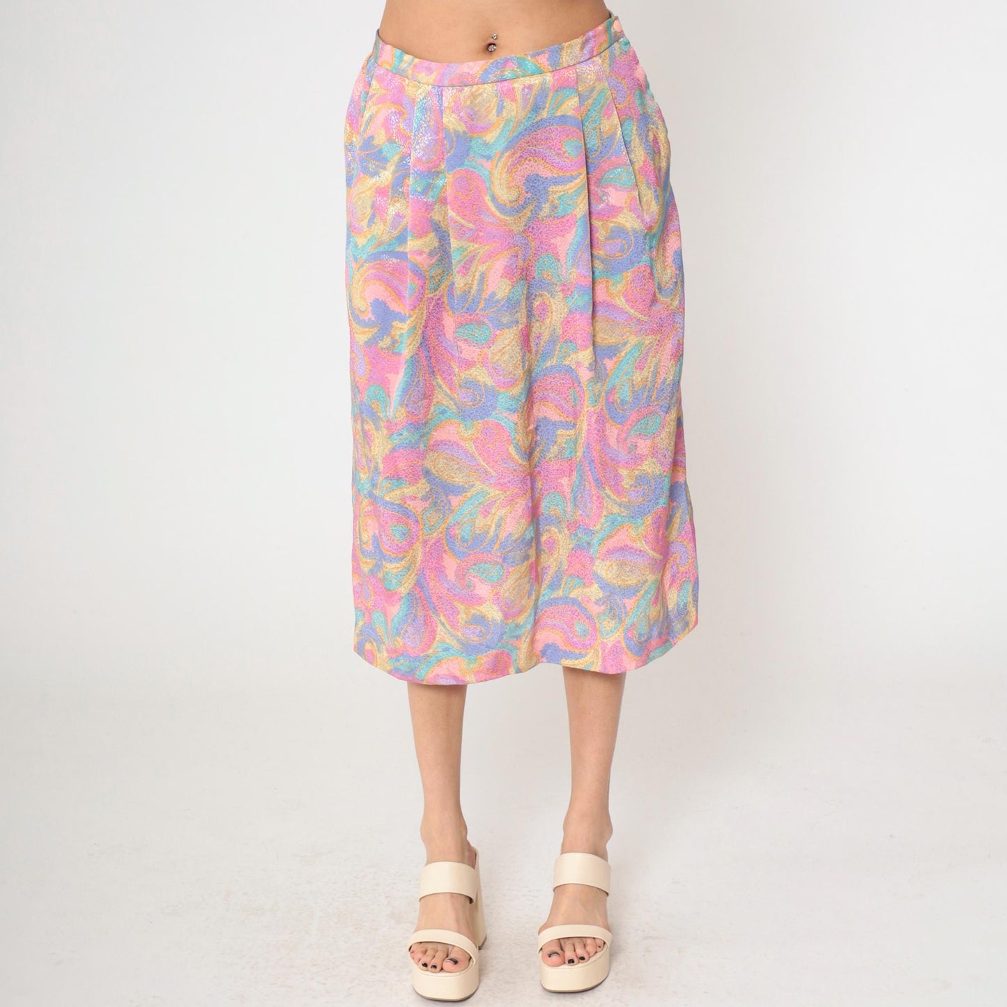 80s Pastel Paisley Midi Skirt High Waist Pleated Pockets Medium