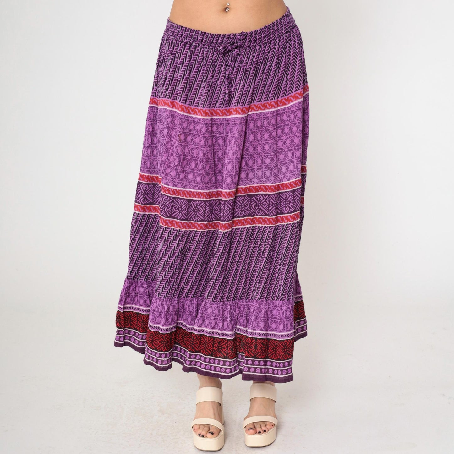 90s Purple Geometric Broomstick Maxi Skirt High Waist Drawstring Plus Size XXL