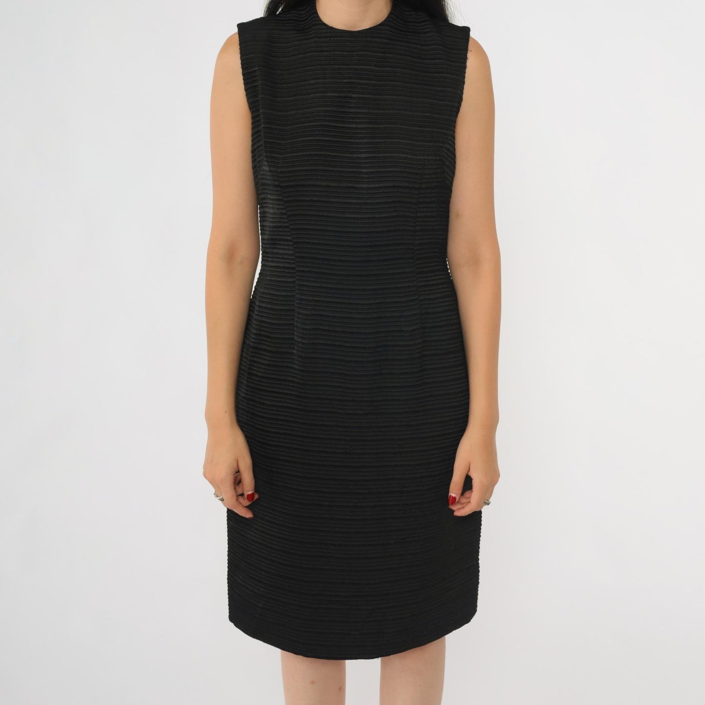 60s Black Ribbed Sheath Dress Sleeveless Knee Length Cocktail Extra Small XS