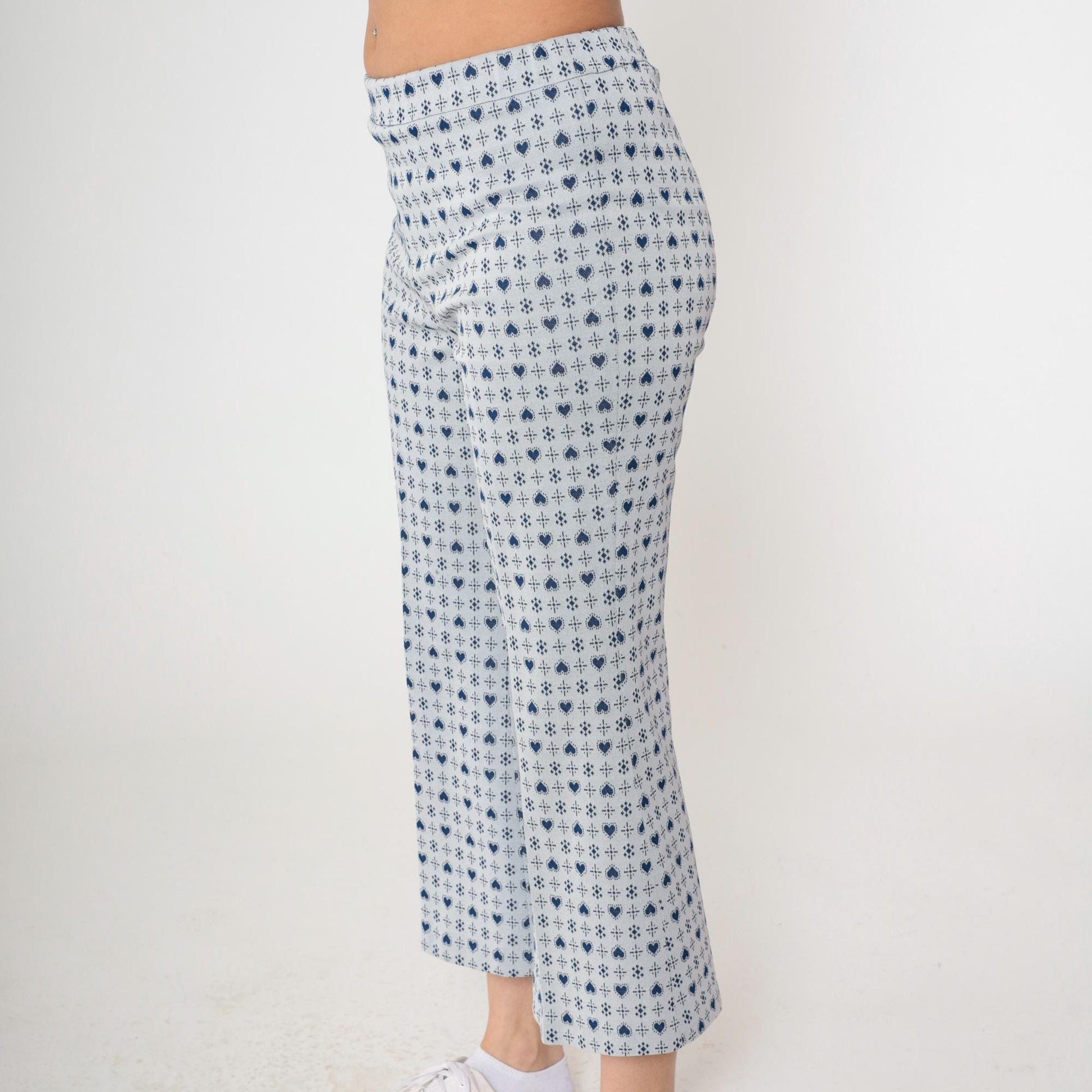 70s Heart Print Flared Trousers Grey Blue High Waisted Bell Bottoms Small