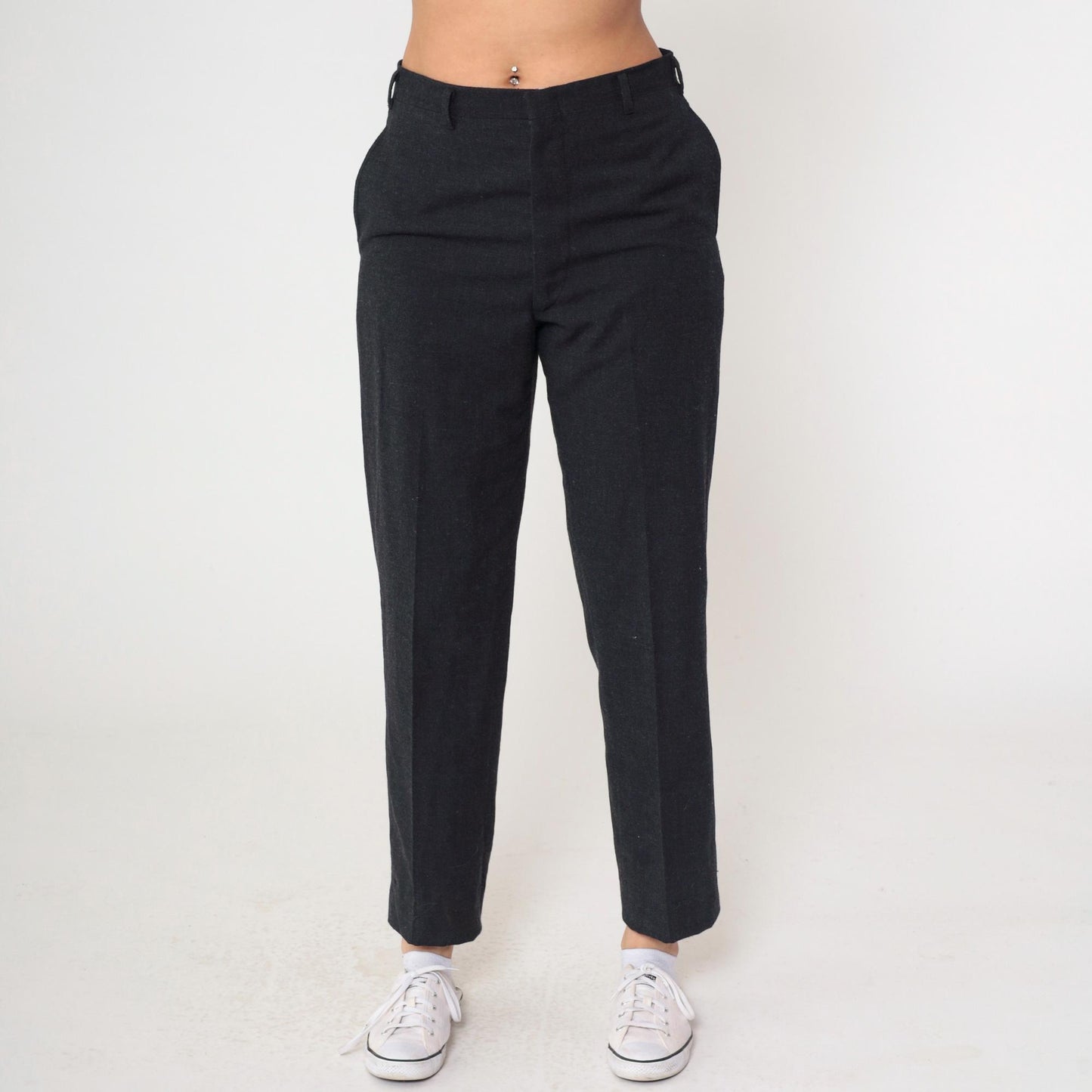 80s Wool Blend High-Waisted Straight Leg Trousers Charcoal Grey Medium